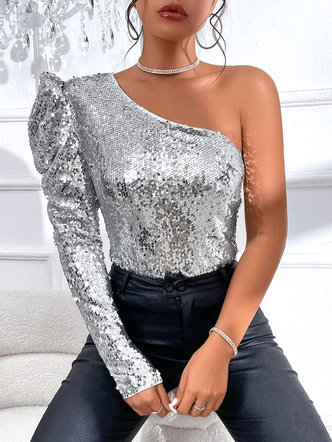 one shoulder silver top