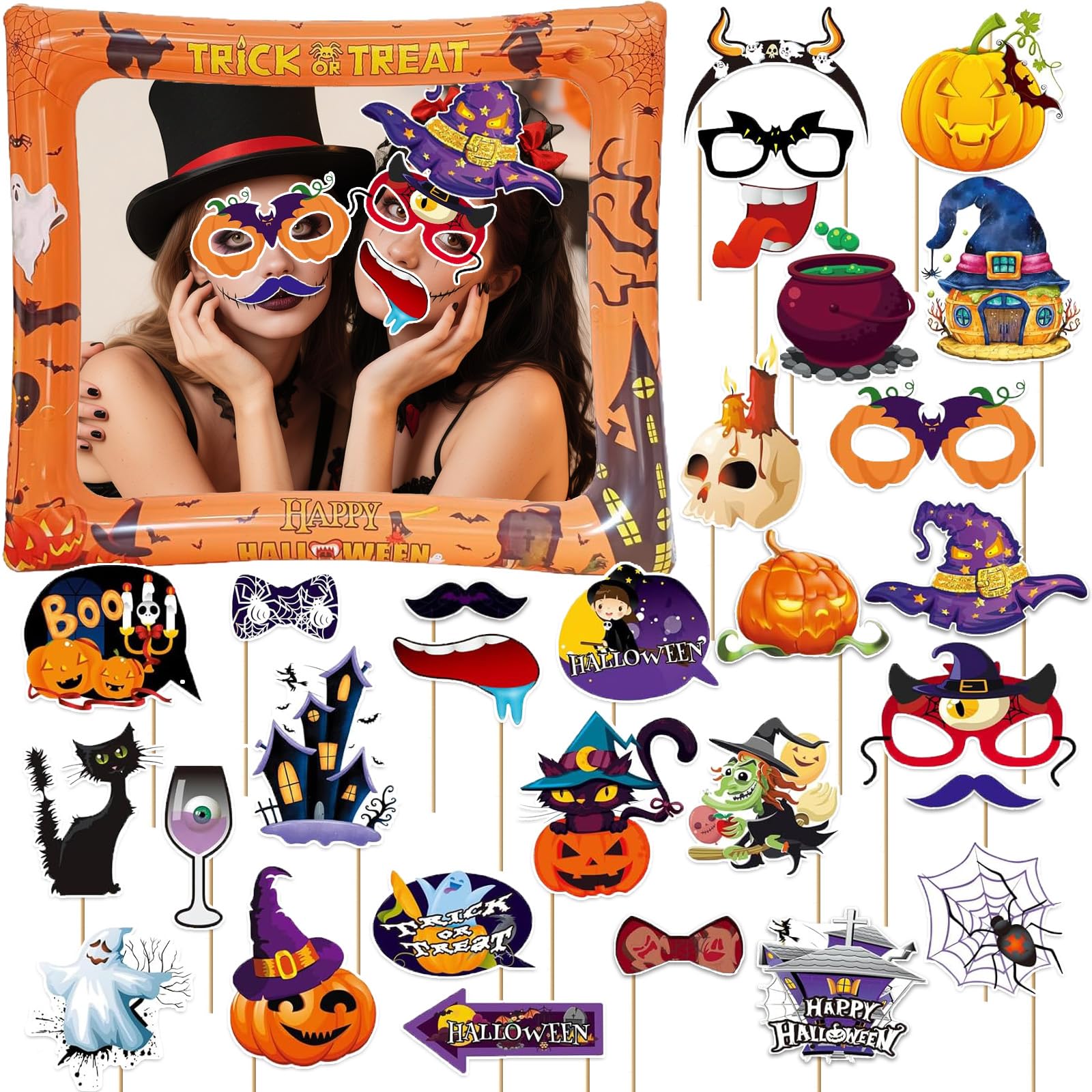 Acquwistach Halloween Inflatable Photo Booth with 29PCS Photo Booth Props, Selfie Picture Frame for Halloween Family Party