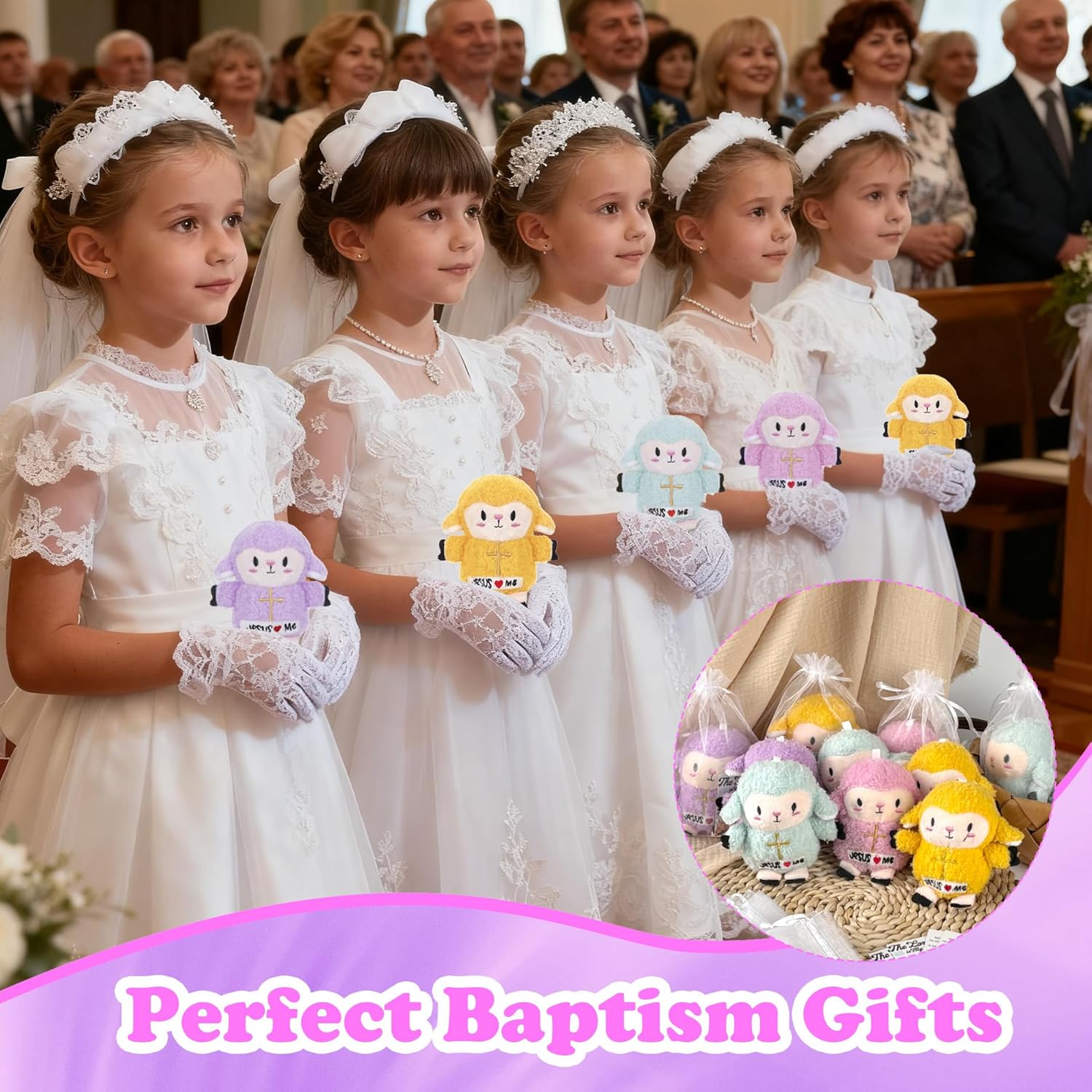 Sheep Plush First Communion Gifts - 12 Pack Bulk Jesus Stuffed Animals Toys for Kids Colorful Lamb Stuffed Animal