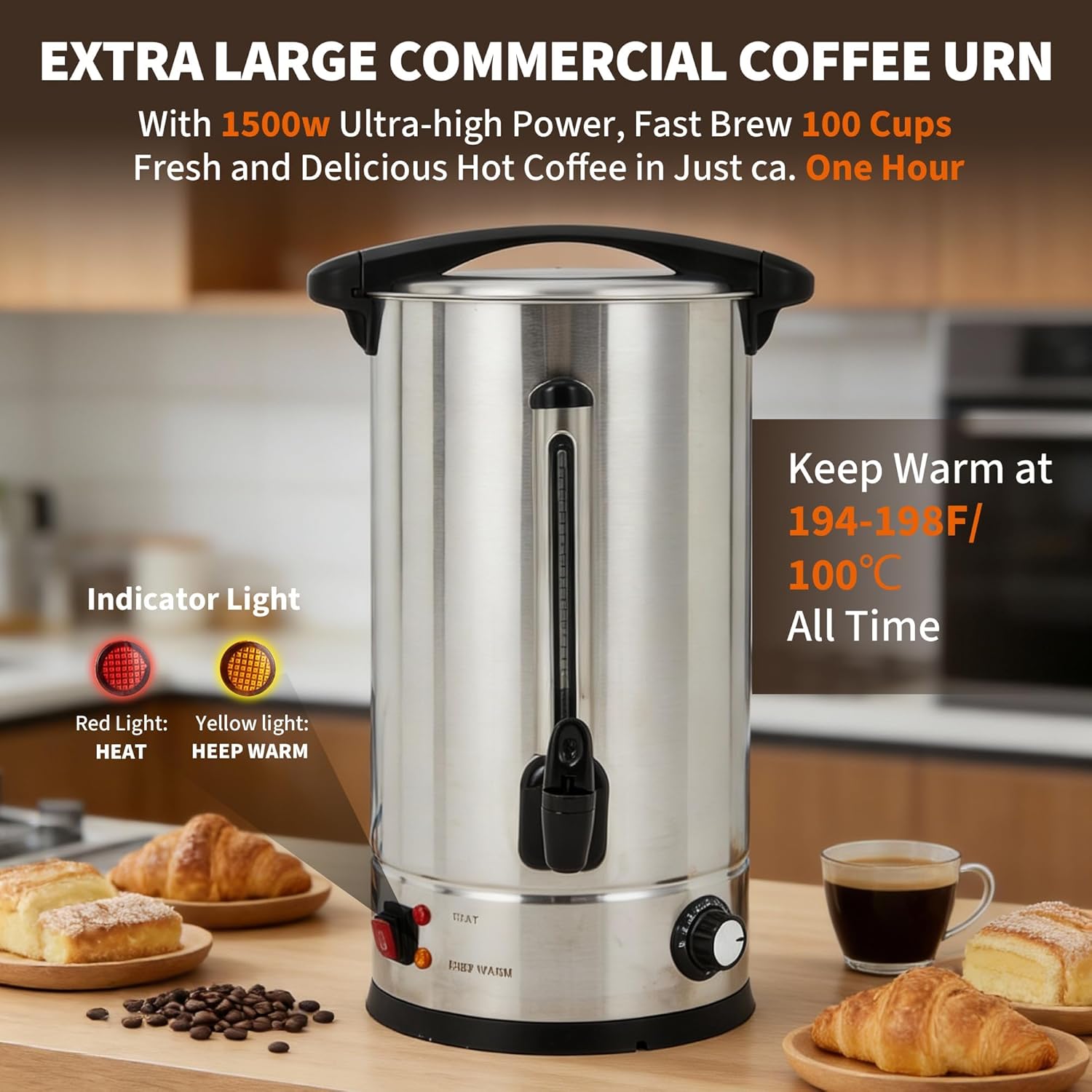 16 L/110 Cups Coffee Urn, Commerical Coffee Maker Hot Water Urn, Large Percolator Pot Dispenser With Double-Wall Stainless Steel, Quick Brew, Stays Hot for Tea & Beverage at Events & Catering(Silver)