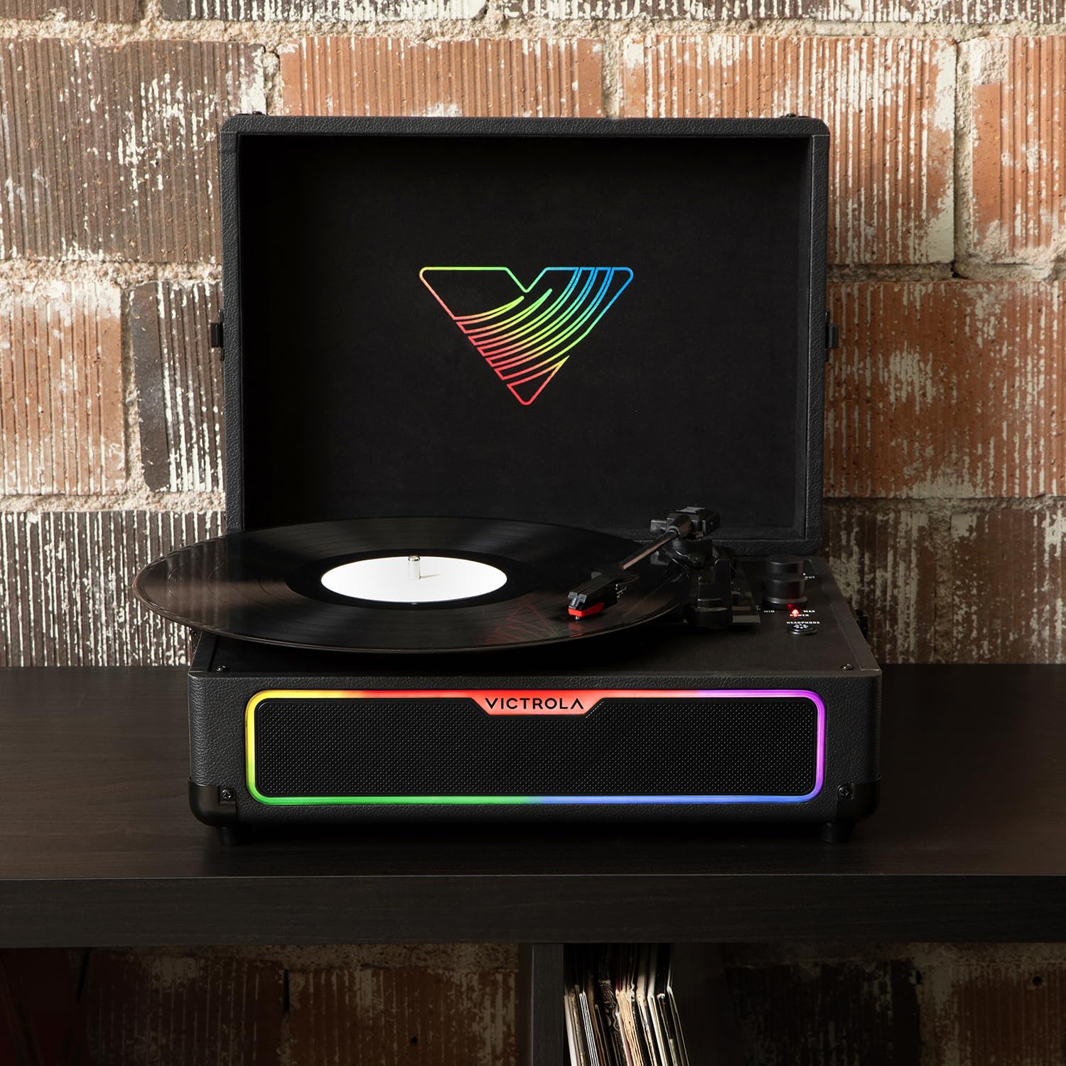 Journey Glow – Platine Vinyle Valise Portable Bluetooth avec Haut-parleurs stéréo et Basses renforcées – 18 Effets Lumineux LED RGB et Modes de Pulsation Musicale (Noir)