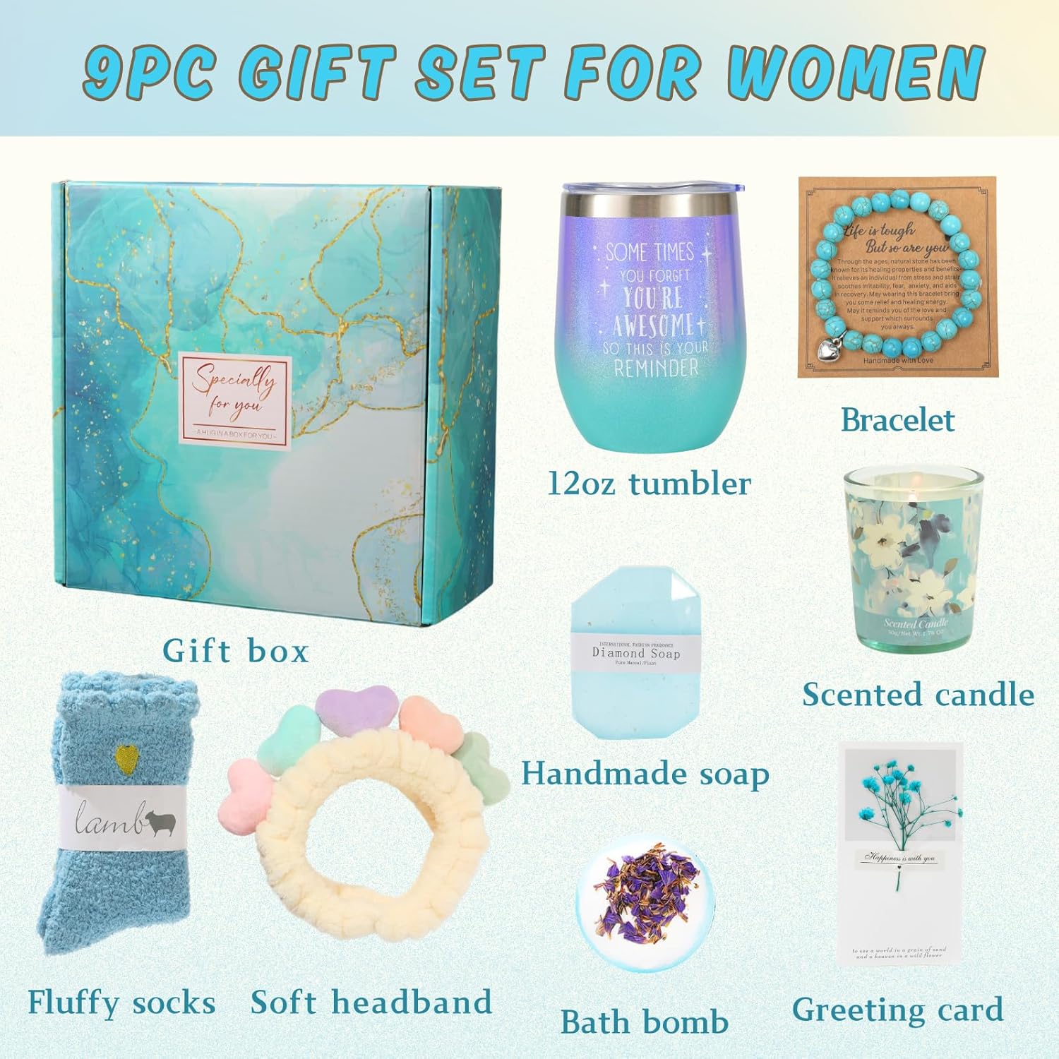 Get Well Gifts for Women, 9pc Happy Birthday Self Care Package Spa Bath Blue Gift Box for Women Who Have Everything New Mom Girl Grandma Coworkers Mother Christmas - Image 2