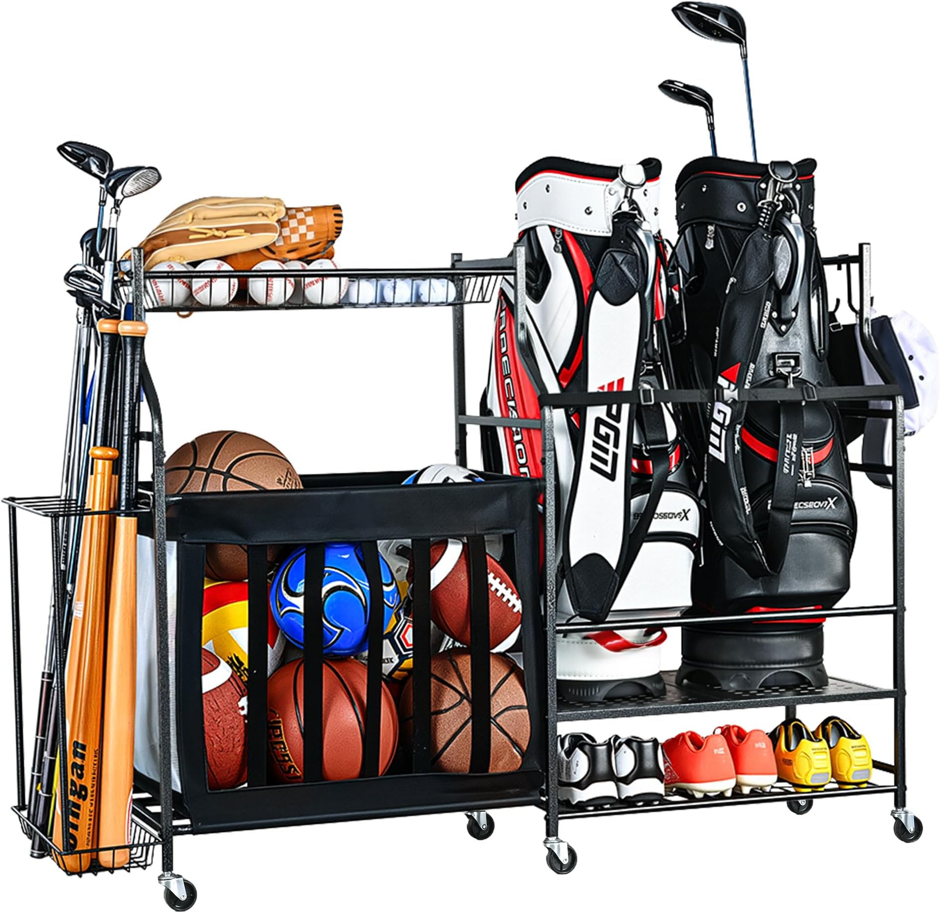 PLKOW Sports Equipment Organizer Rack, Garage Ball Rack, 2 Golf Bag Storage and Sports Gear Organizer for Garage