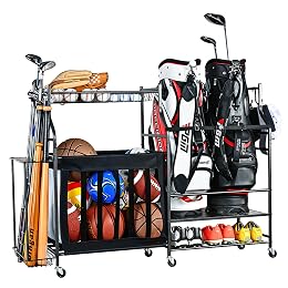 PLKOW Sports Equipment Organizer Rack, Garage Ball Rack, 2 Golf Bag Storage and Sports Gear Organizer for Garage