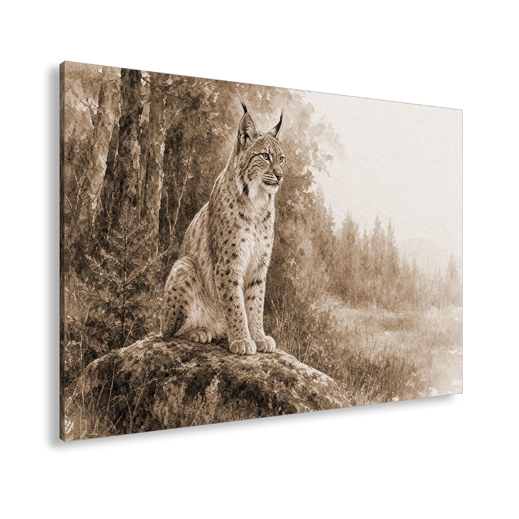 deyoli Obraz na płótnie Luchs siedzący na kamieniu pokrytym mchem 80 x 60 cm Sepia