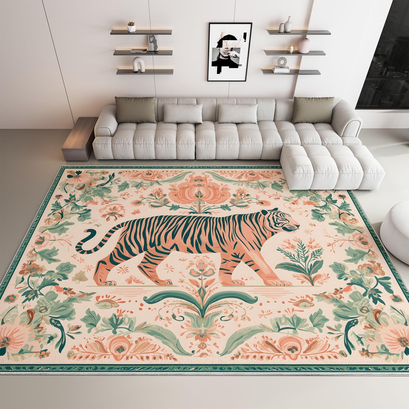 Tapis de salon boho tigre oriental fin 140x200 cm lavable et antidérapant