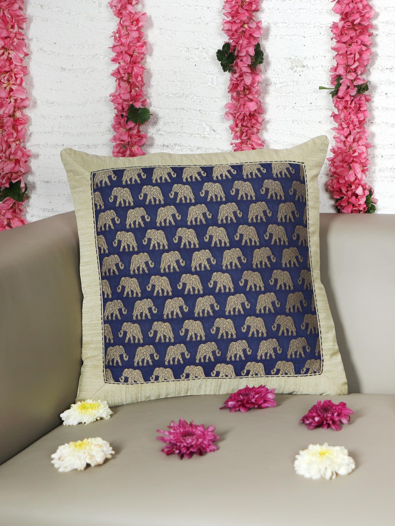 ZEBA World Cushion Cover for Sofa, Bed Brocade Silk with Elephant Motif and Border Patchwork | Blue - 16x16in(40x40cm) (Pack of 1)