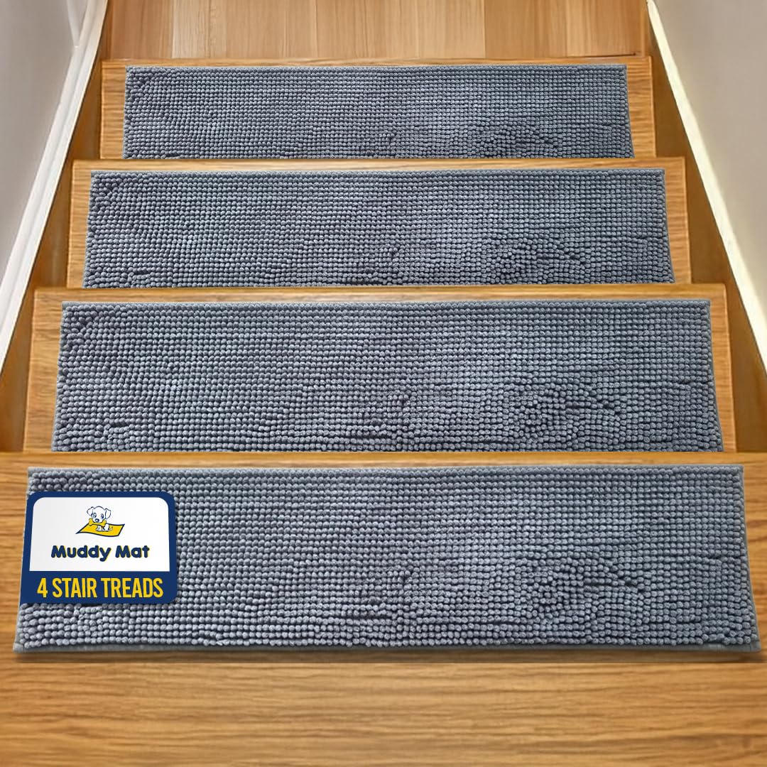Muddy Mat® Pack of 4 - Soft Chenille Stair Treads Non-Slip Reusable, Super Absorbent Stair Treads for Wooden Steps, Tile & Marble Floor, Easy to