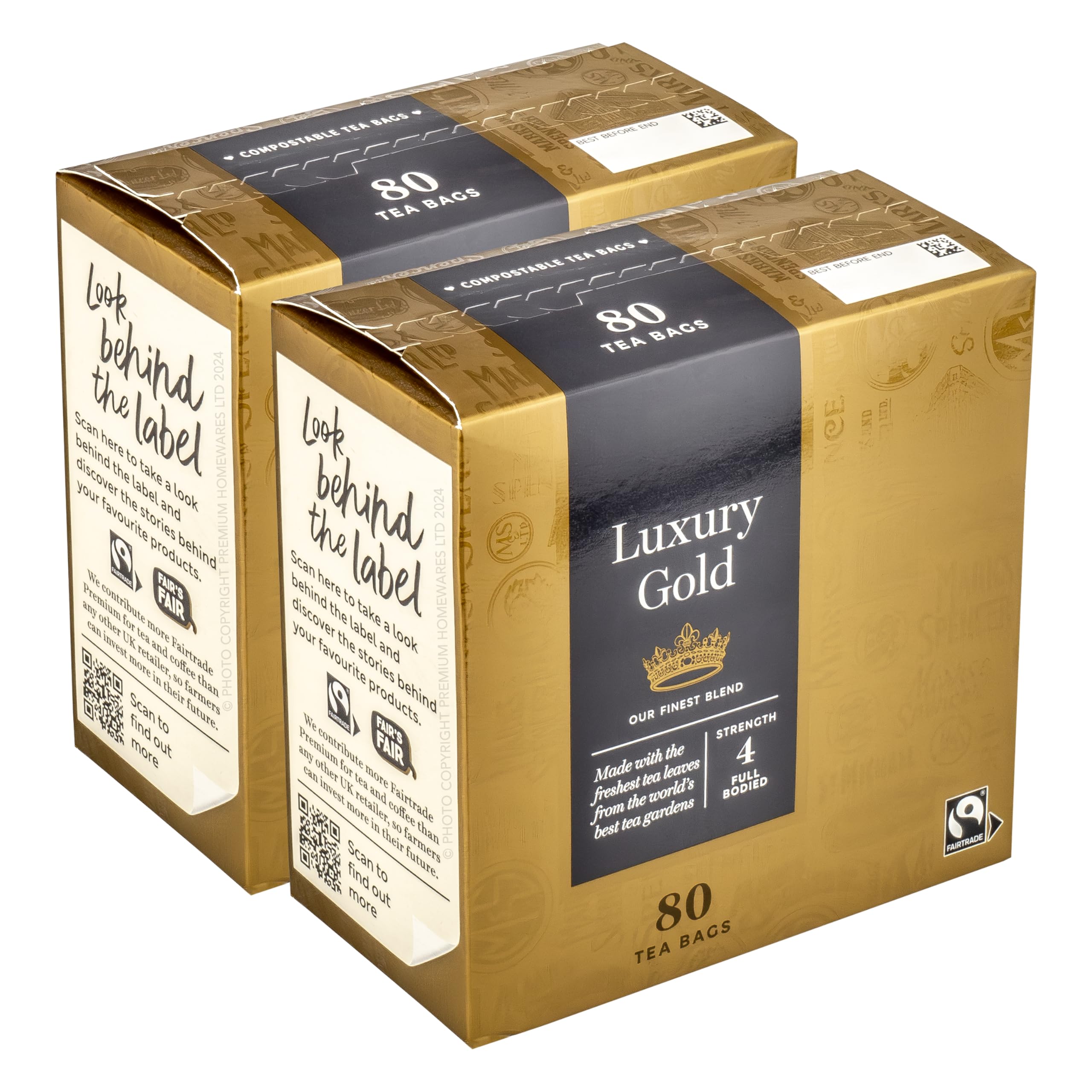 160 Luxury Gold Tea Bags, 2 x 80pk, Full Bodied Blend, Strength 4, Compostable, 500gFairtrade InternationalFairtrade InternationalFairtrade InternationalFairtrade International