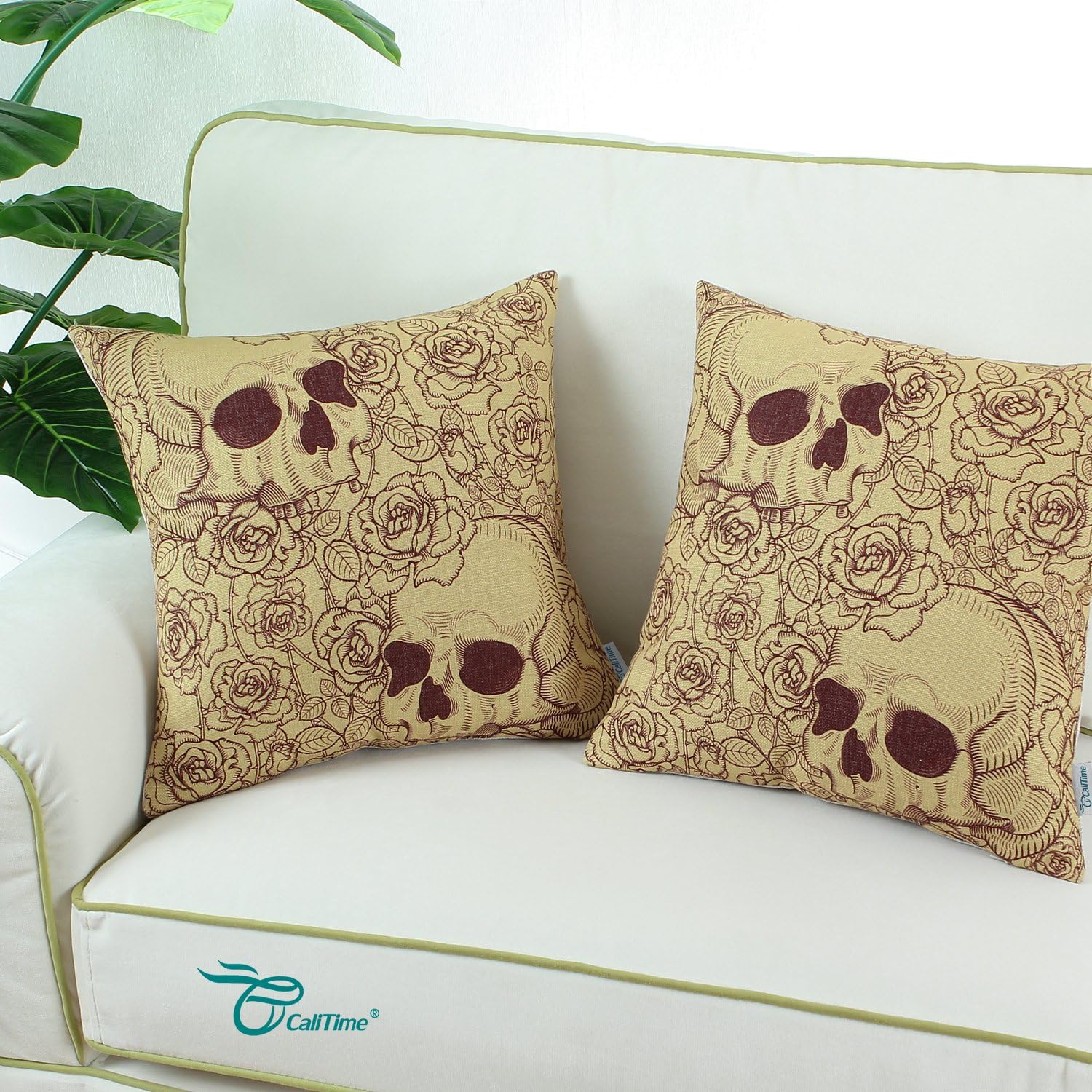 CaliTime Canvas Throw Pillow Case Shell for Couch Bed Home Decoration Halloween Roses Floral Skull 18 X 18 Inches Wine Yellow