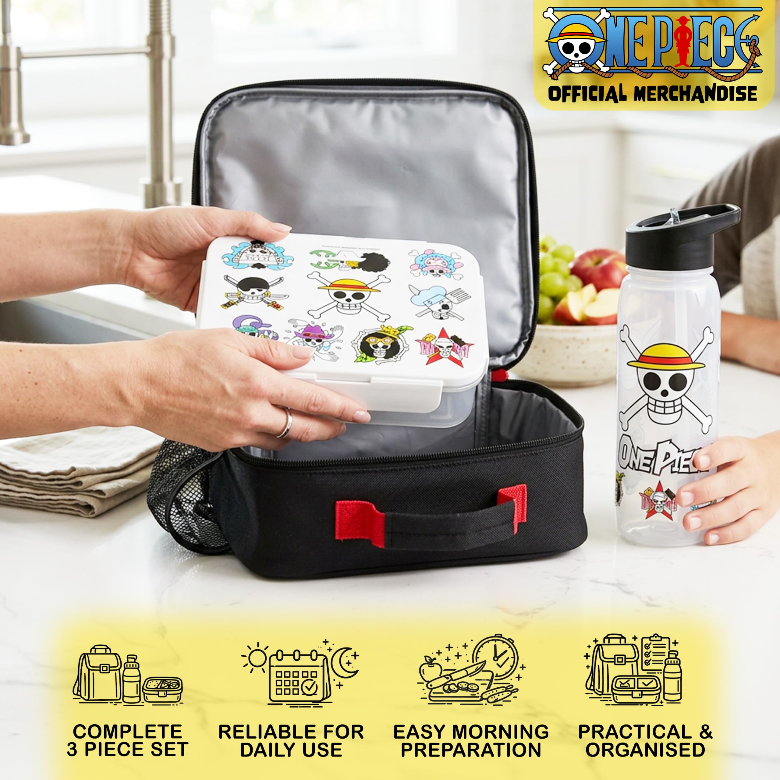 Get Trend One Piece Brotdose Kinder Set 3-Teilig, Isolierte Lunchtasche, 640ml Trinkflasche & Snackbox mit Fächern, BPA Frei, Leicht & Robust, Bento Box Set für Schule & Picknick (Multi One Piece)