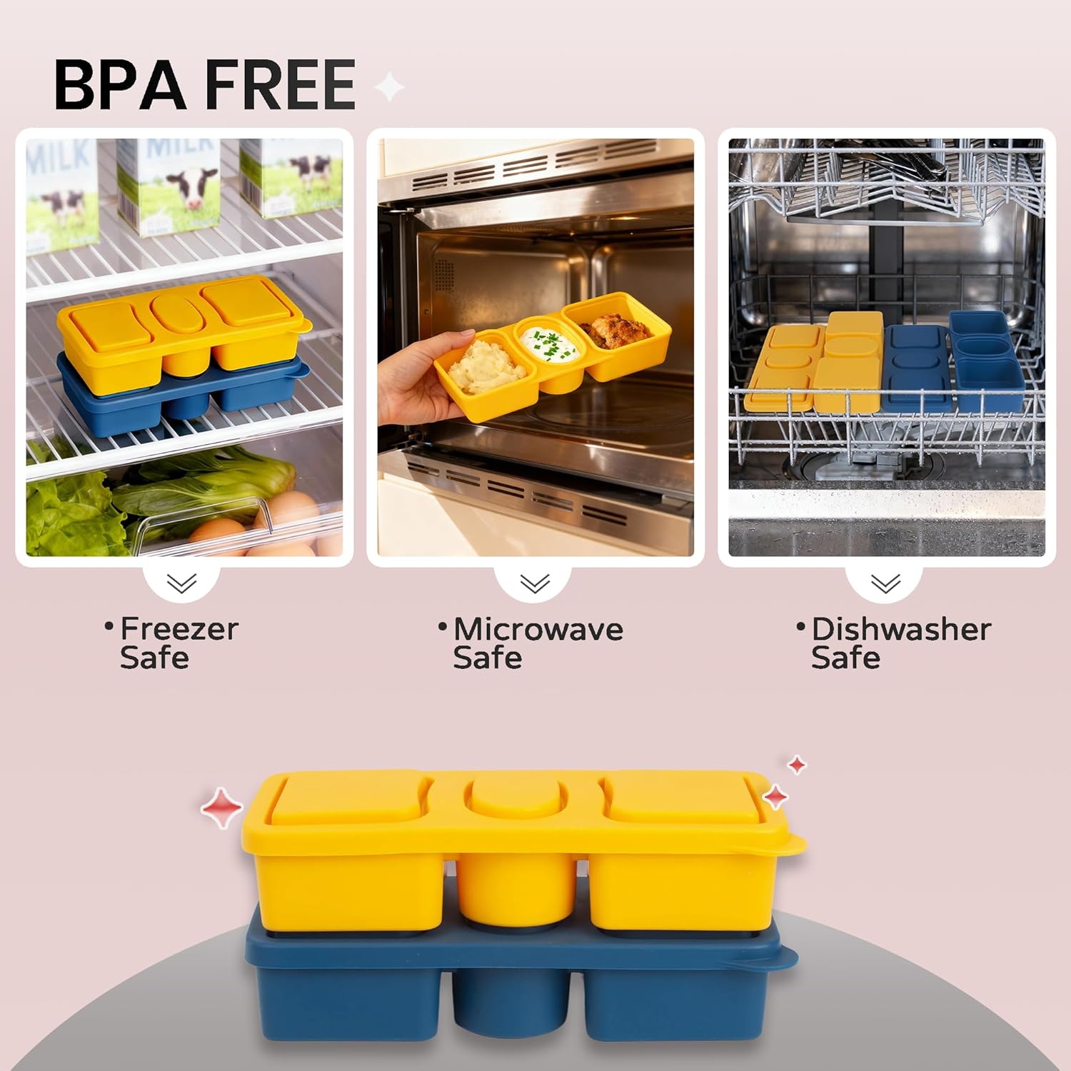 MACTANO 3 Pack New Reusable Silicone Snack Containers with Lids, 12 oz Three Compartment Condiment Meal Prep Control Containers Portable Small Leakproof for Office Travel Picnic - Image 4