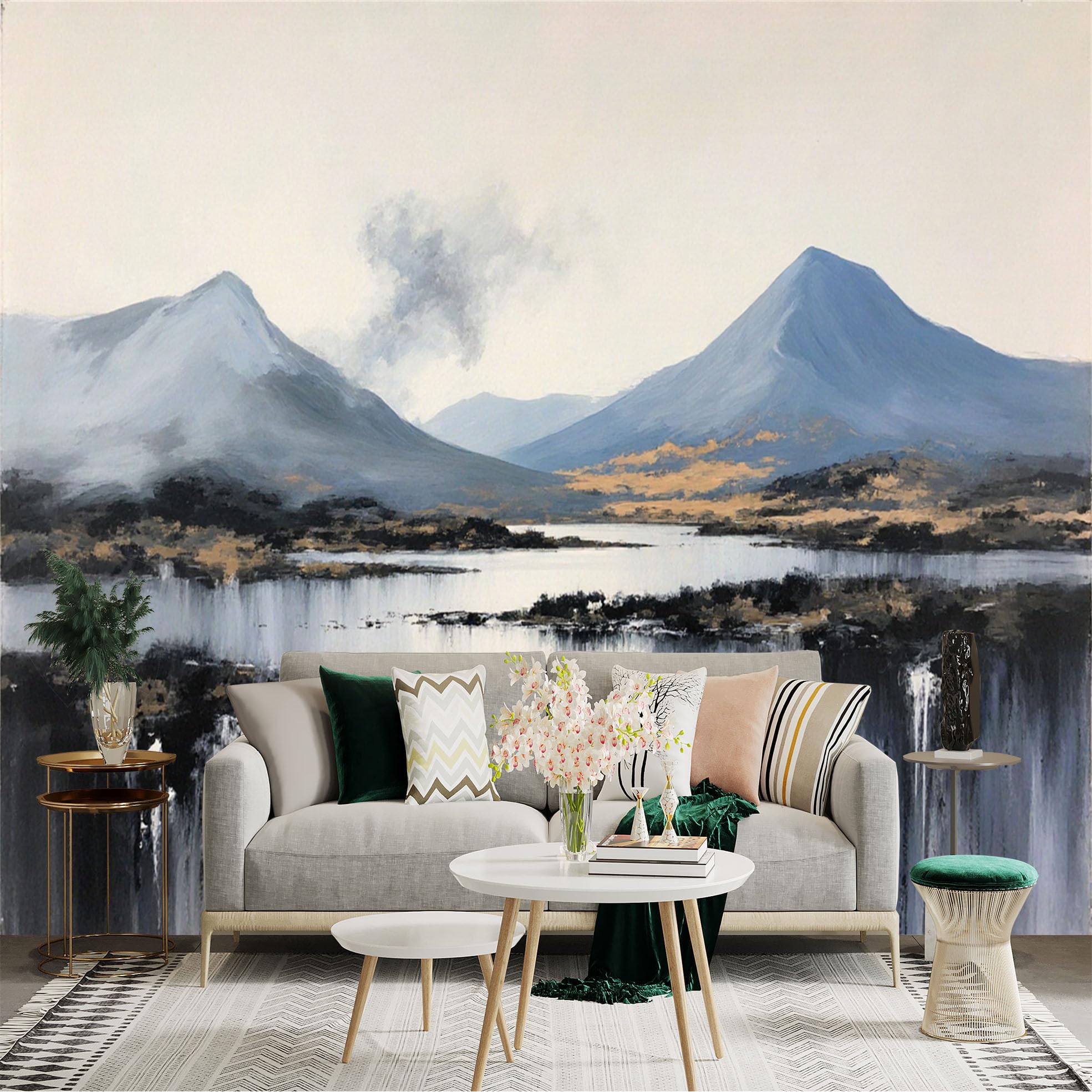 Lnzczhyre Xc260505126 Custom Size Wall Sticker Mural， Abstract Mist Mountains And Calm Lake， Modern Landscape Art， For Wall Decoration， Peelandstick Wall Decals.