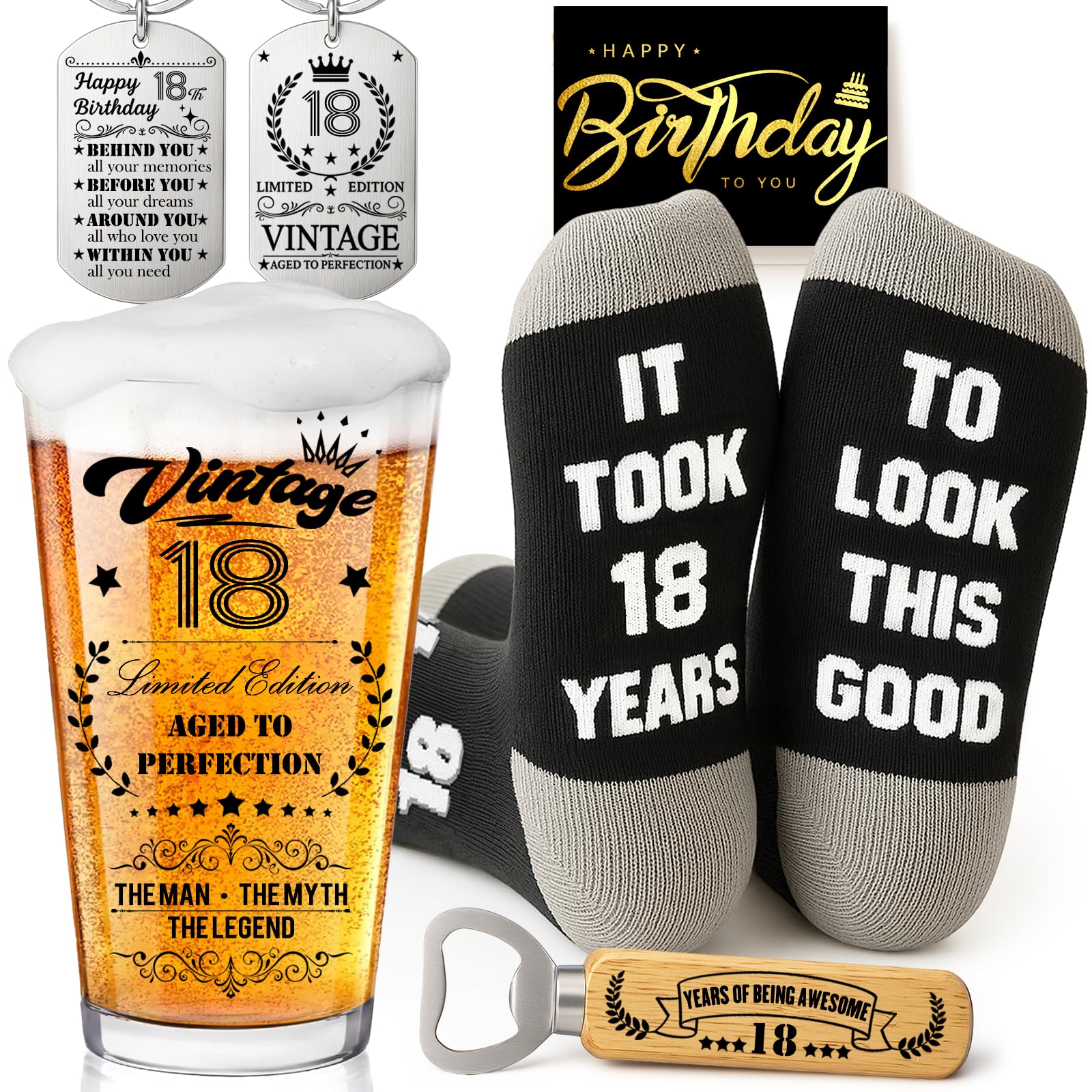 Joybble 18th Birthday Gifts for Boys, Birthday Decorations Vintage 18th Beer Glass Set for Boys, 16oz Personalised Gift Beer Glasses Gift Ideas, Funny Socks & Keychain & Bottle Opener for Him