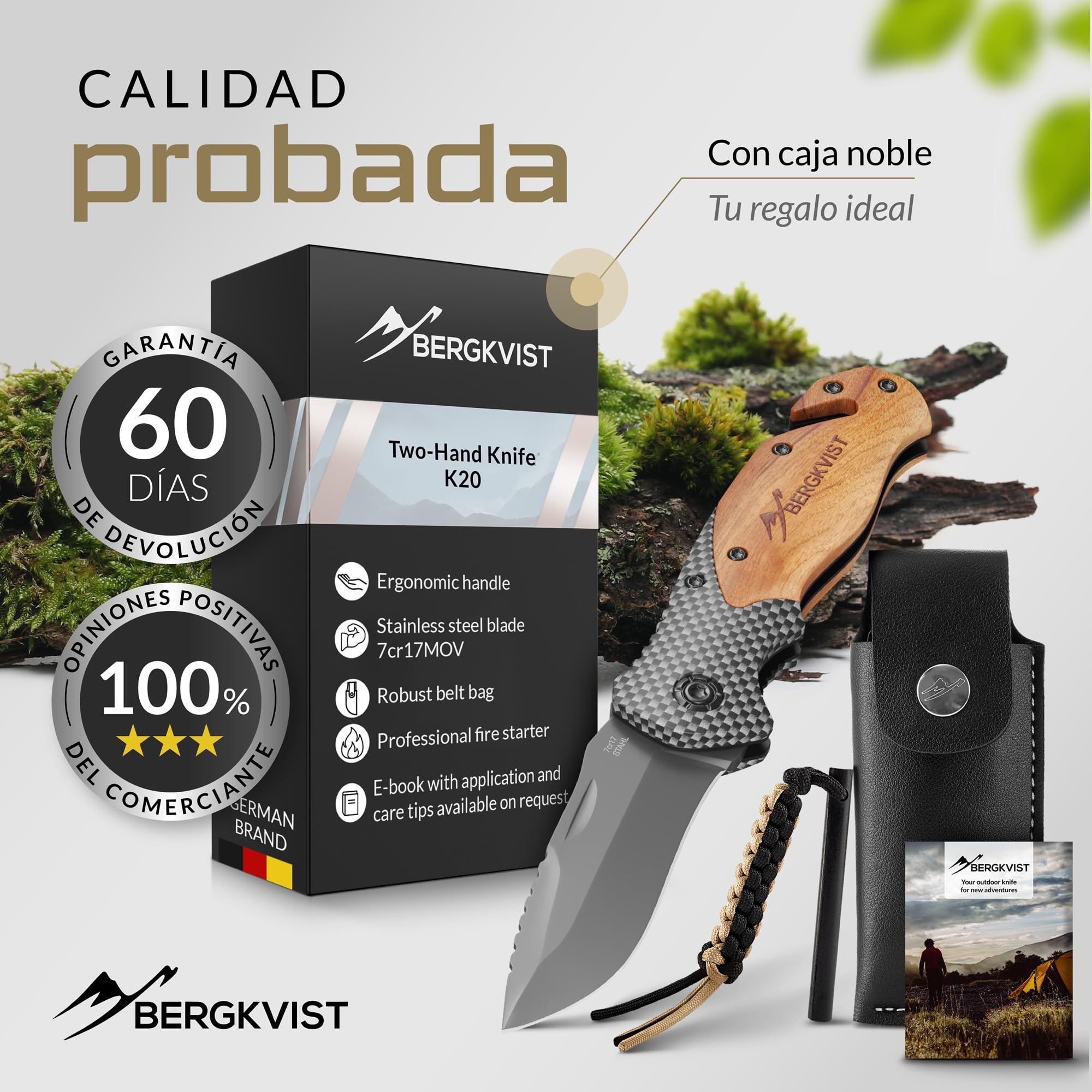BERGKVIST® K20 Cuchillo plegable [navaja de dos manos] | Navaja de bolsillo 3 en 1 con rompecristales y cortacinturones, con mango de madera y aleación de titanio