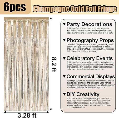 Miniatura 2 de Paquete de 6 cortinas de flecos de papel de aluminio dorado champán, 3.28 pies x 8.2 pies, cortinas metálicas de oropel con flecos para cabina de