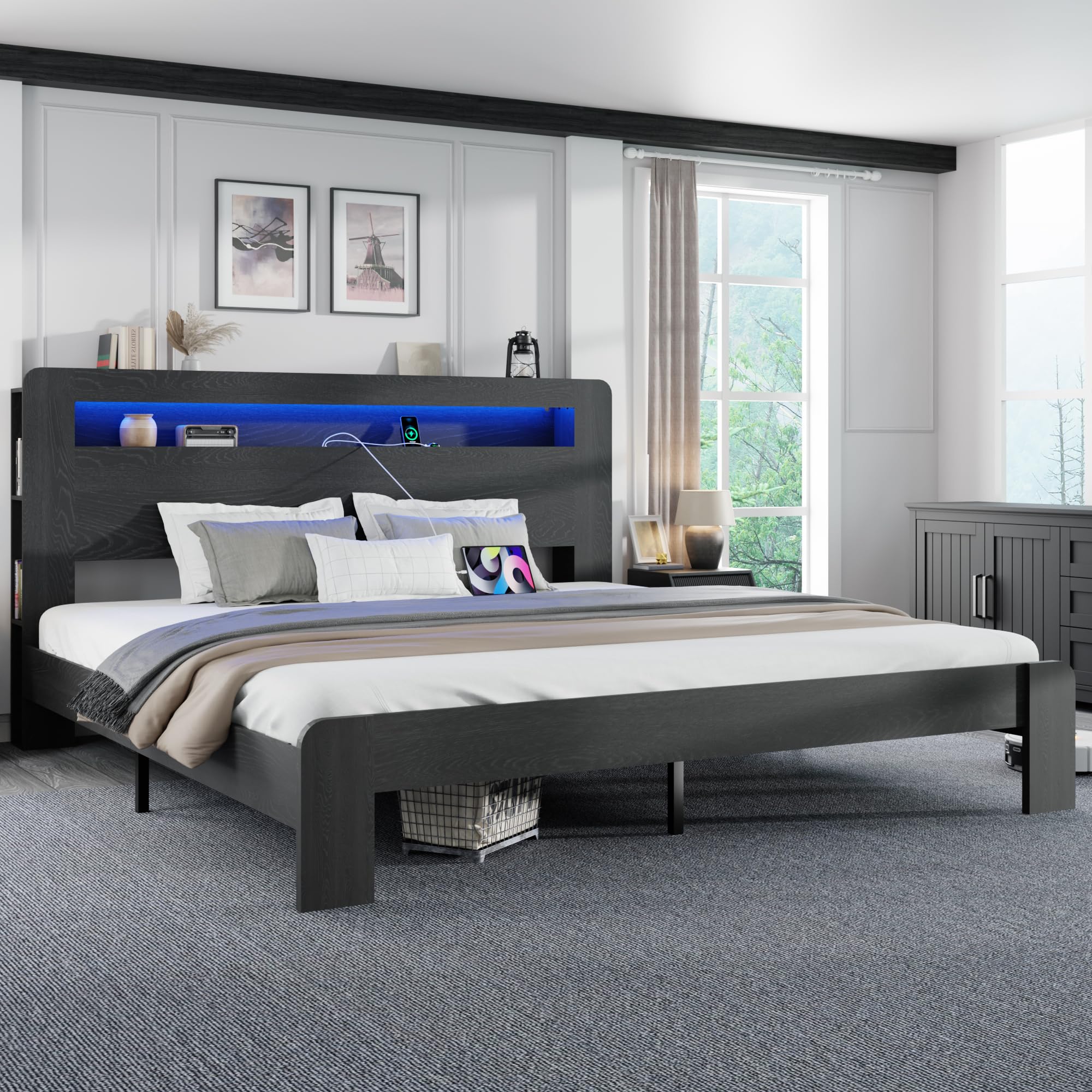 King Size Wooden Bed Frame with Bookcace Storage Headboard, Rustic Farmhouse Bedframe with LED Lights and Charging Station, Sturdy and Stable, Slat