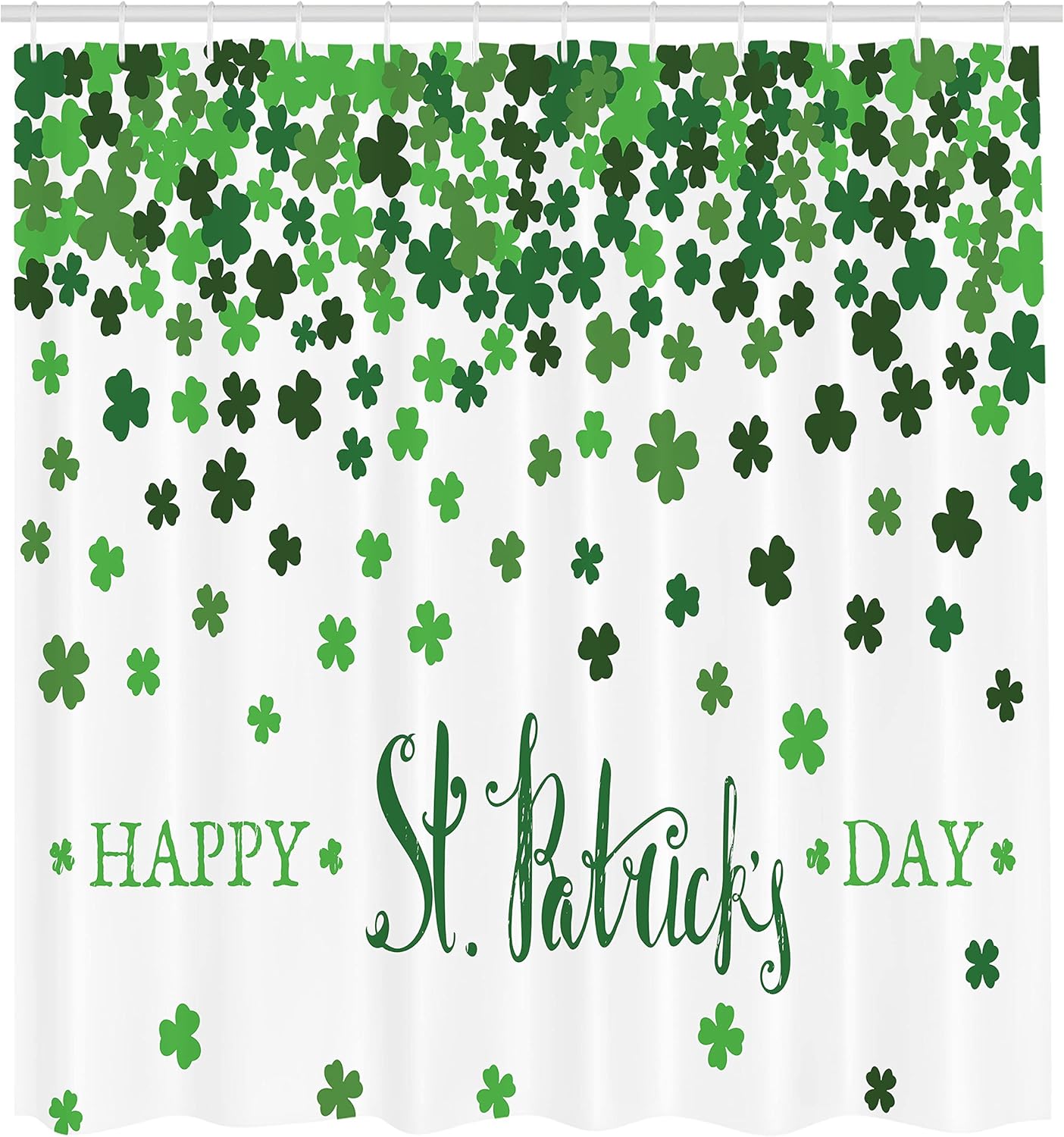 Ambesonne Clover Shower Curtain, Happy St Patrick's Day Lettering with Little Shamrocks, Cloth Fabric Bathroom Decor Set with Hooks, 69" W x 75" L, Emerald Fern Green