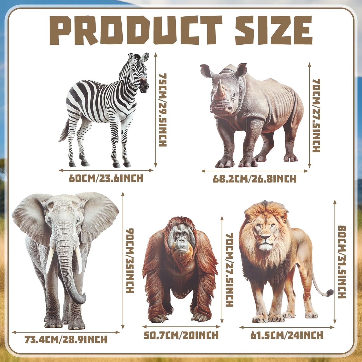 Leinuosen 5 Pcs Large Wildlife Safari Party Stand Decorations Set Africa Jungle Cardboard Cutouts Elephant Lion Zebra Rhino Gorilla Animal Decor Theme Birthday Camping Party Supplies for Photo Prop