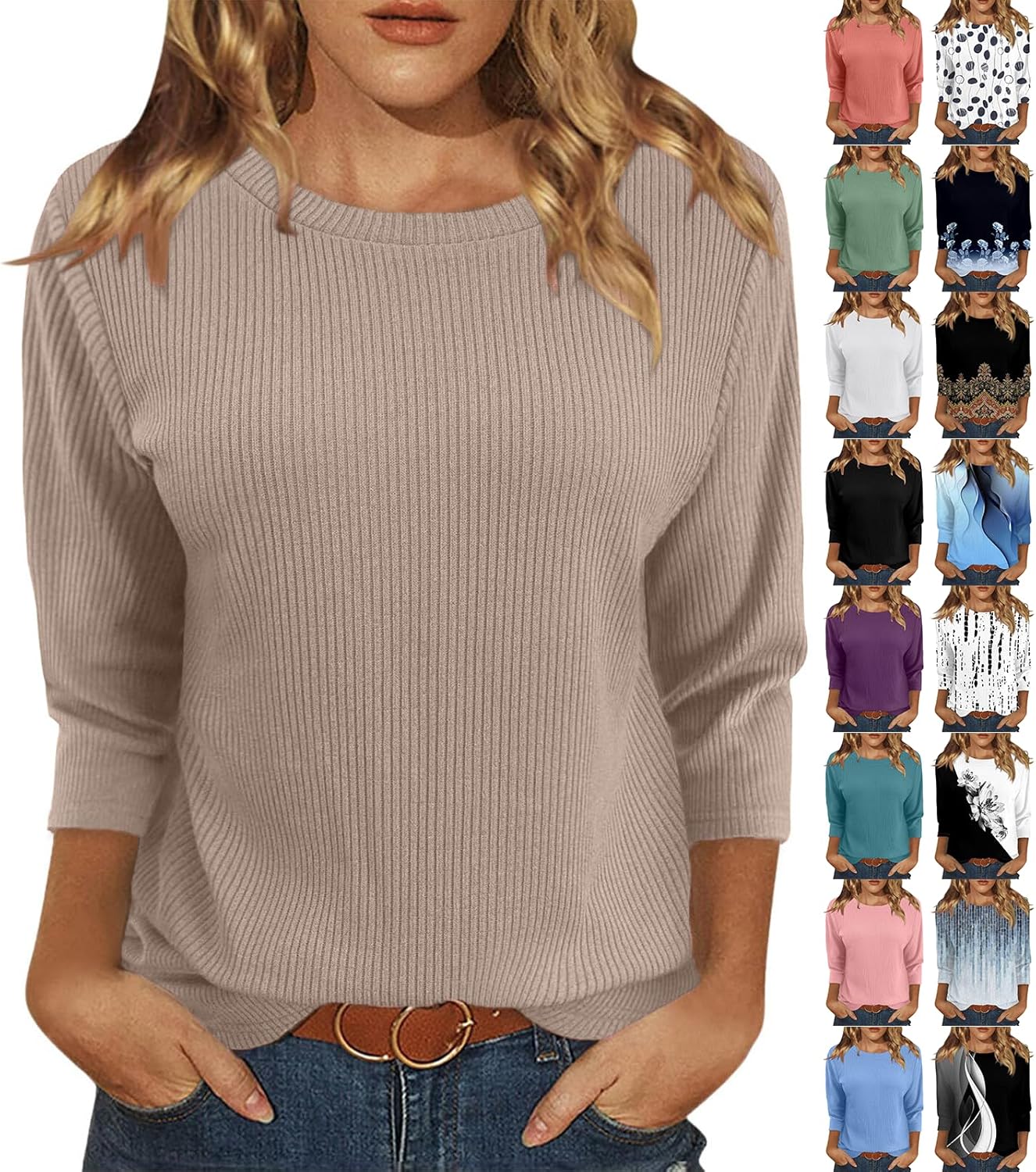 3/4 Length Sleeve Womens Tops Knit Crewneck Loose Fit Cute Shirts