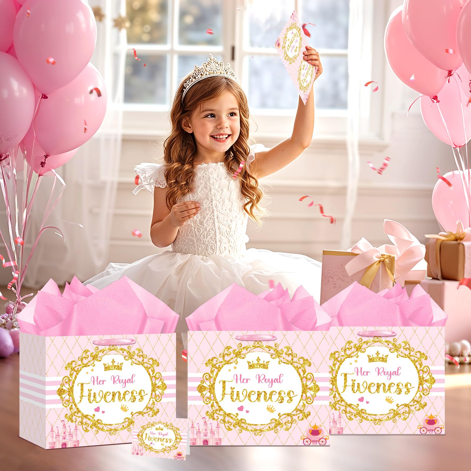 Princess Gift Bags Pink Happy 5th Birthday Party Favors Bag Princess Birthday Party Decorations with Wrapping Tissue Paper and Greeting Card for 5 Year Old Girls Kids Baby Shower Party Supplies Decor