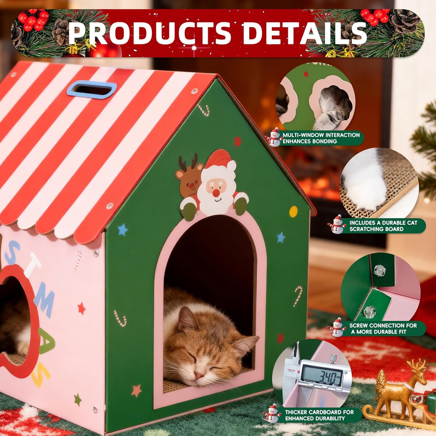 WUGO Cute Cat Scratcher House Cardboard Cat House with 2pcs Scratching Pad 16.5"x16"x17" Reversible Cute Cat House Decorations Scratcher for Kitty Play House for Indoor Cats’ Birthday Cats Red