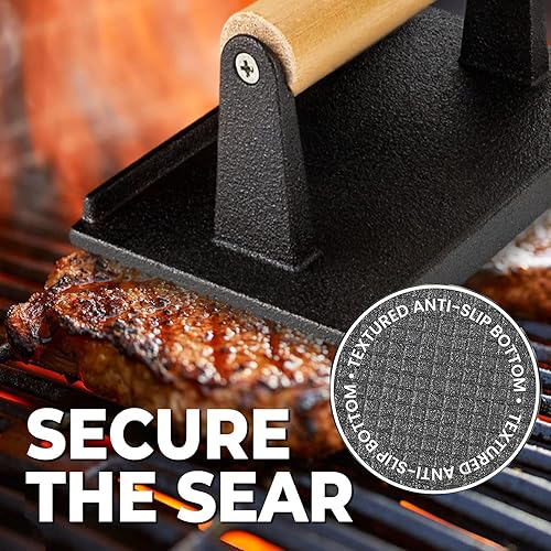 Miniatura 3 de Prensa cuadrada de hierro fundido para parrilla, prensa de hamburguesas resistente con mango de madera, herramienta de cocina antiadherente para