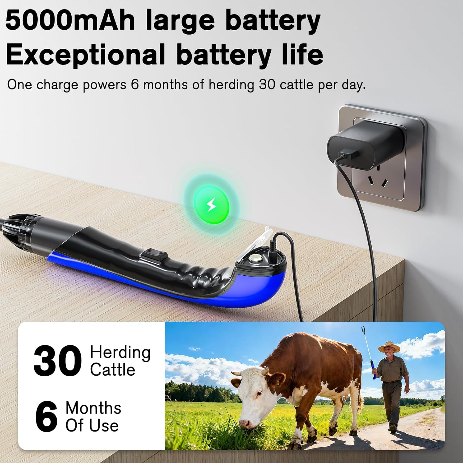 Electric Livestock Control Tool, Durable Extended Pole, Rechargeable 5000mAh Battery, IP45 Weatherproof, for Cattle and Pig Handling, Professional Farm Equipment