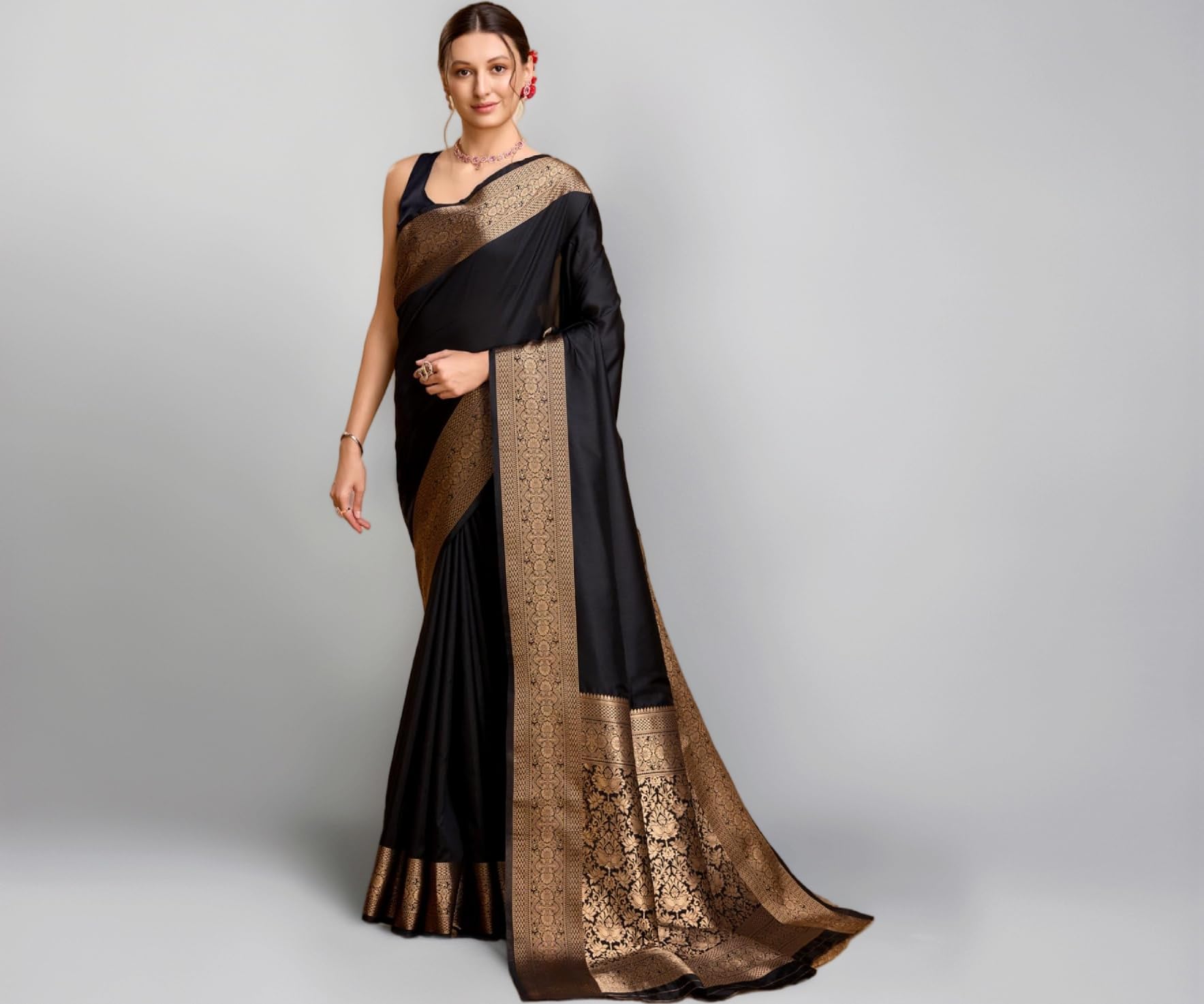 SWORNOF Women's Silk Kanjivaram Kanchipuram Saree With Blouse Piece