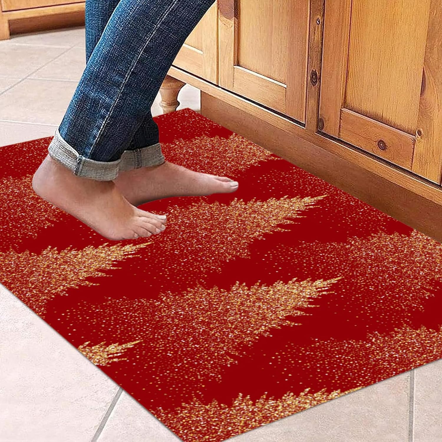 Kitchen Rugs and Mats Non Skid Washable, Merry Christmas Kitchen Runner Rug, Xmas Pine Tree Fireplace Kitchen Floor Mat Under Sink Mat Throw Rug for Kitchen Doormat