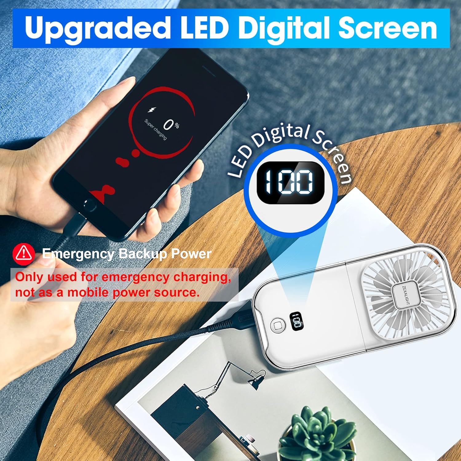 USB Rechargeable Upgraded 5-in-1 Portable Handheld Fan, Necklace Fan, Mini Desk Fan, Foldable Phone Stand, 4 Speeds Airflow, Quiet Personal Fans with LED Digital Screen (White) - Image 5