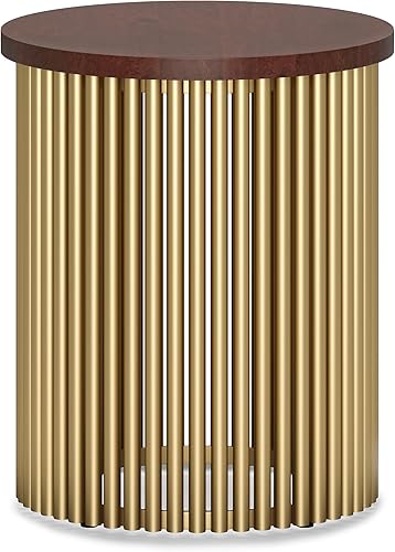 SIMPLIHOME Demy - Mesa auxiliar redonda de metal y madera, mesa auxiliar redonda de metal sólido de 18 pulgadas de ancho en coñac y oro, mesa