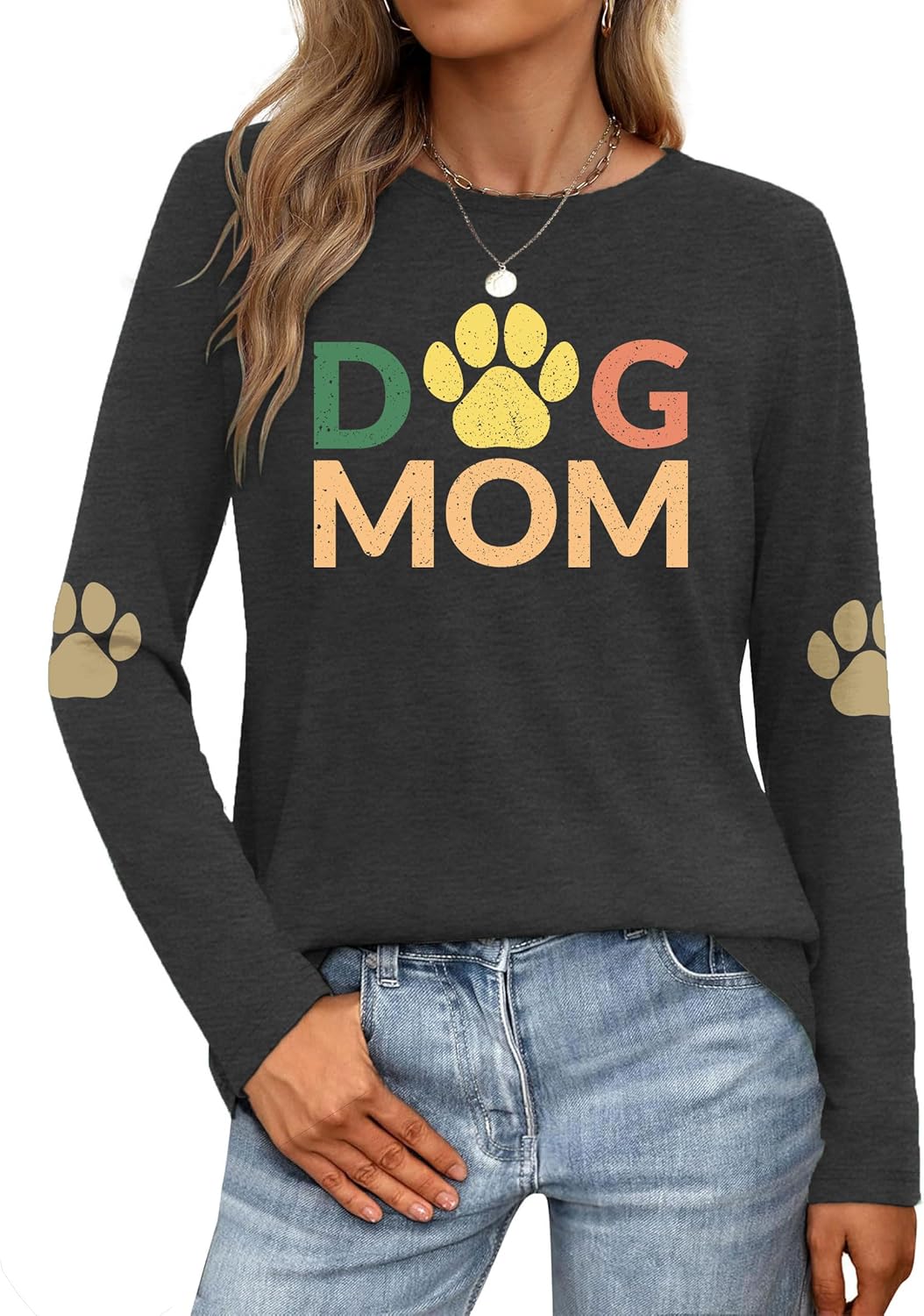 Dog Mom Shirt for Women: Dog Paw Graphic Long Sleeve Shirts Puppy Lover Gifts Tees Tops