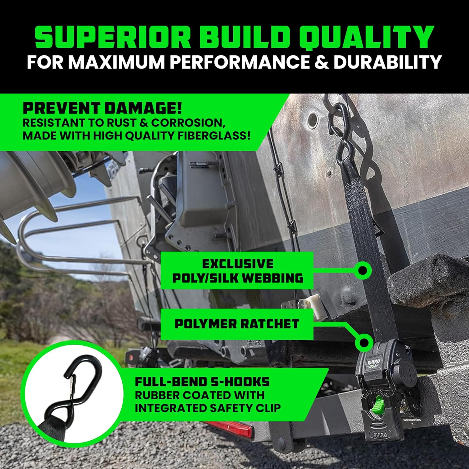 Rhino USA Retractable Boat Trailer Tie Down Straps 2PK – Durable (2in x 43in) Trailer Mount Transom Straps for Boat, Jet Ski – Powder Coated Black Steel – Fresh Water Compatible - Image 3