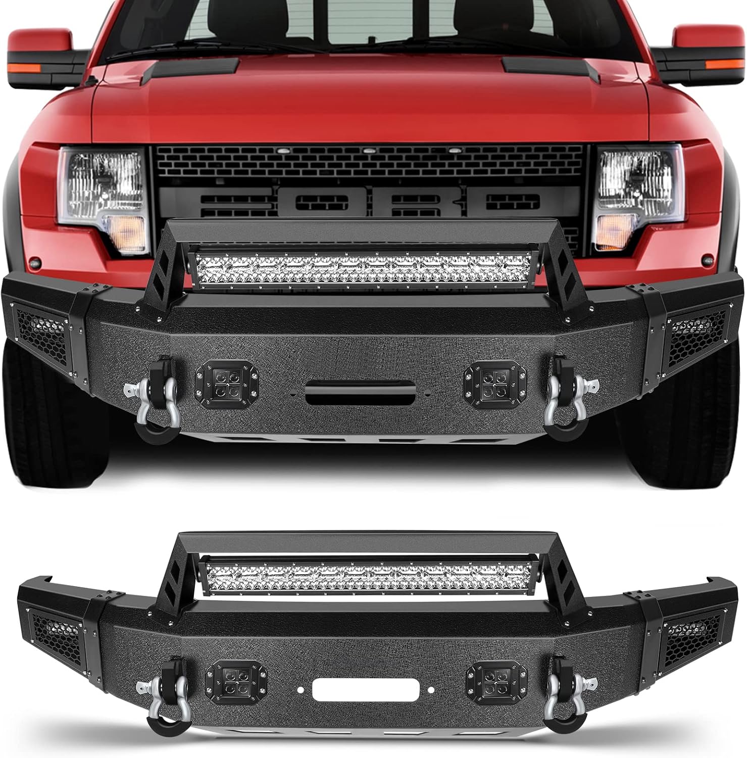 FINDAUTO Front Bumper Compatible for 2015-2017 for ford for F-150 Textured Black Bumper with D-ring With LED Lights