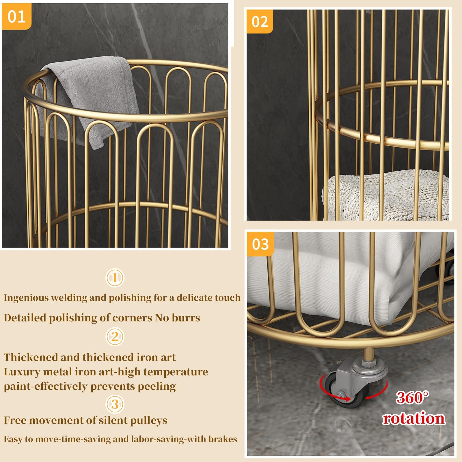 Dieser rollbare Wäschekorb mit Metallgitter erfordert keine Montage und ist atmungsaktiv. Er eignet sich ideal zur Aufbewahrung schmutziger Wäsche in Badezimmer, Schlafzimmer oder Waschküche