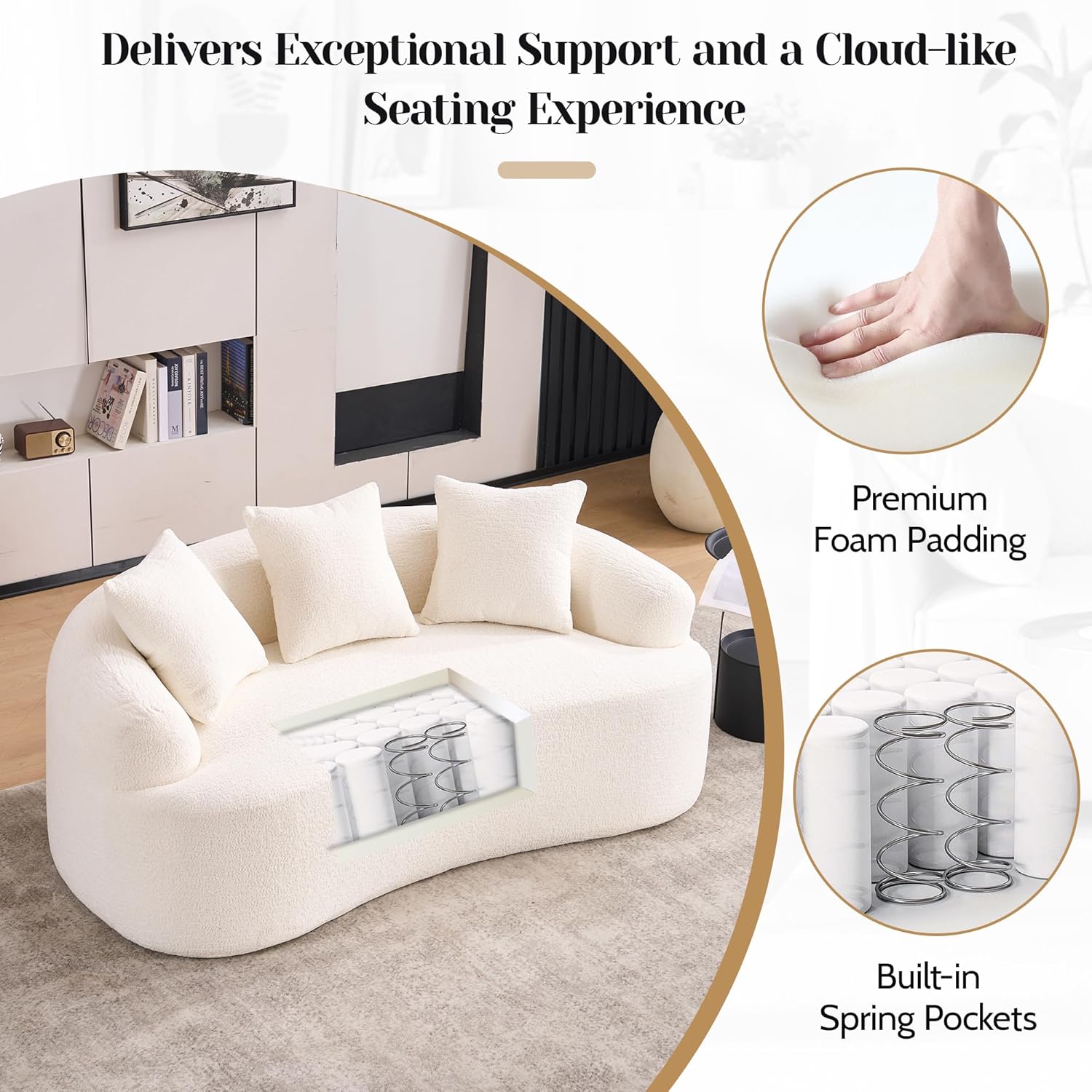 65" Curved Loveseat,Deep Seat Cloud Floor Couch with 3 Backrest,Cozy Chenille Fabric,Small Loveseat for Small Spaces,Bedroom,Office,Apartment (Cream White, 65 Inch)