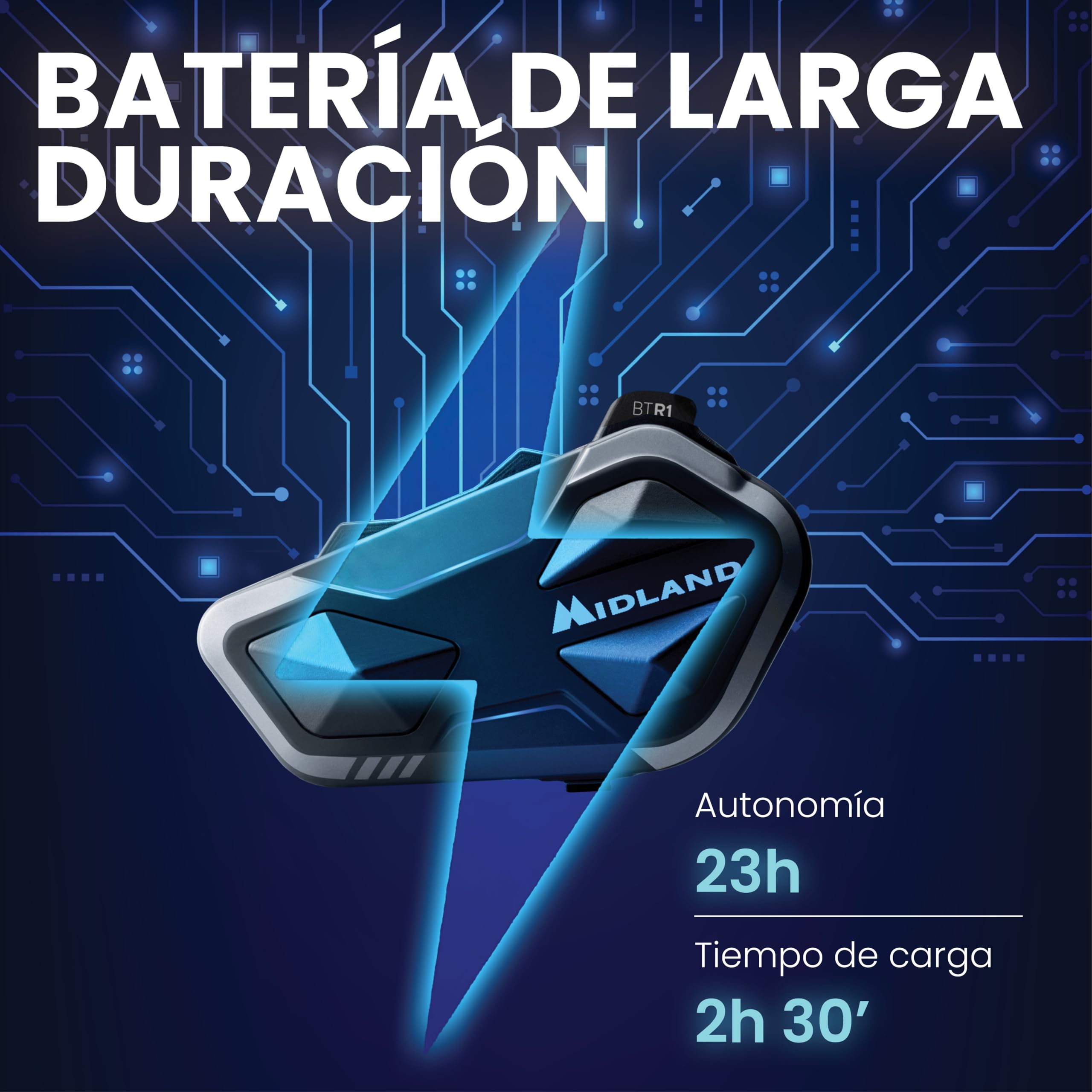 Midland - Intercomunicador Casco Moto Bluetooth Único BTR1, Auriculares Moto Inalámbricos Impermeables IPX6, Alcance 800m, Conferencia 4 Personas, Batería 23H, Conexión GPS/Música, Conforme ECE 22.06