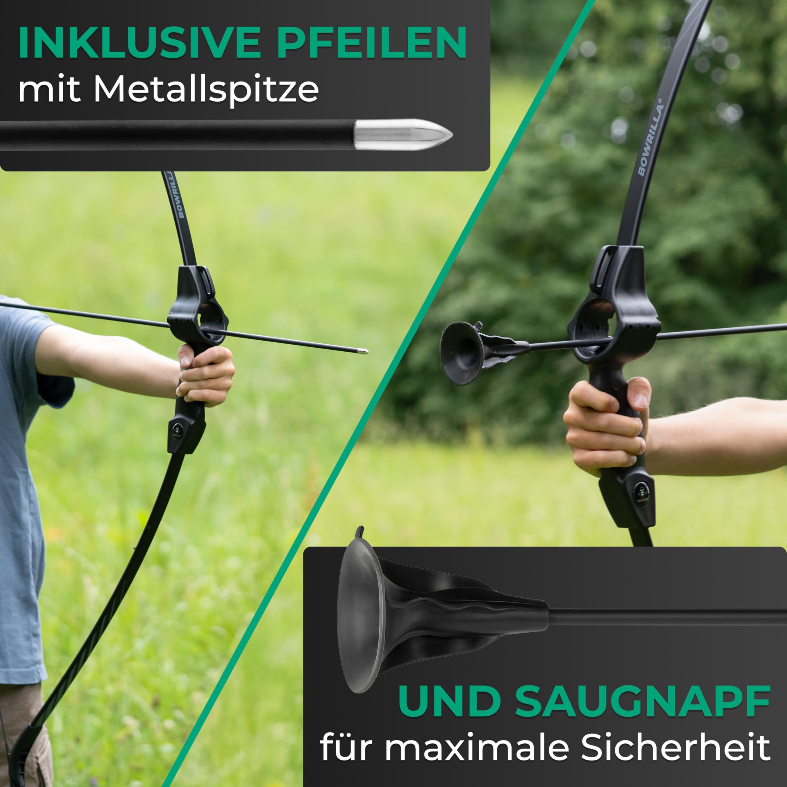 BOWRILLA® Pfeil und Bogen Kinder Sportbogen Set mit Saugnapf-Pfeilen und Zielführung | 3-teiliger Takedown Recurvebogen für Rechts & Linkshänder