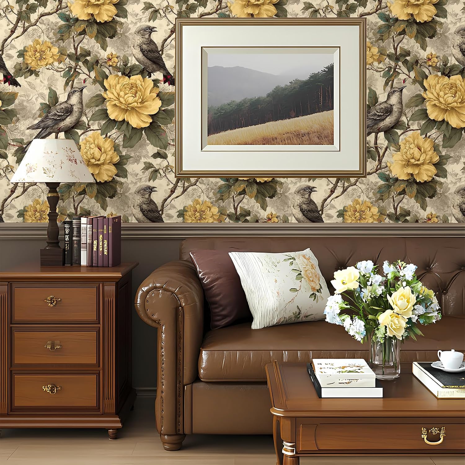 Vintage Floral Wallpaper Peel and Stick Removable 17.7" x 236.22" Soft Elegant Yellow Peony Gray Bird Leaf Wall Paper Self Adhesive for Classroom Bedroom Laundry Room Bathroom