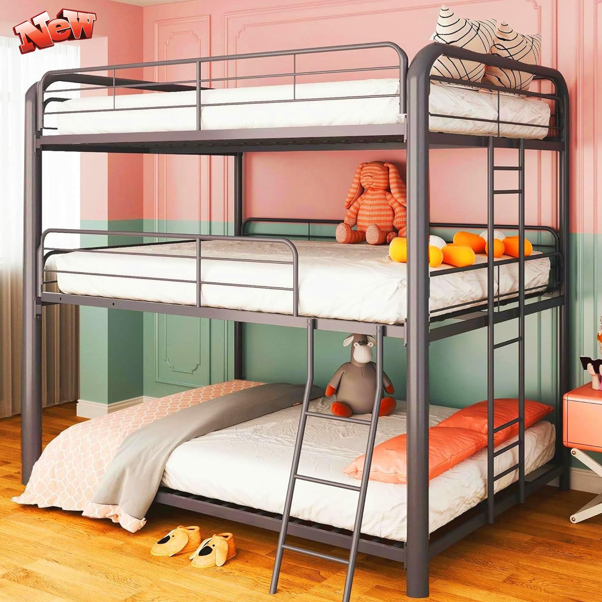 Heavy Duty Metal Triple Bunk Beds for Adults and Kids and Teens, Modern Style Bunk Bed Tripple Twin Over Twin Over Twin Size with Safe Guardrail, 3 Bunk Bed Easy to Assemble (Black)