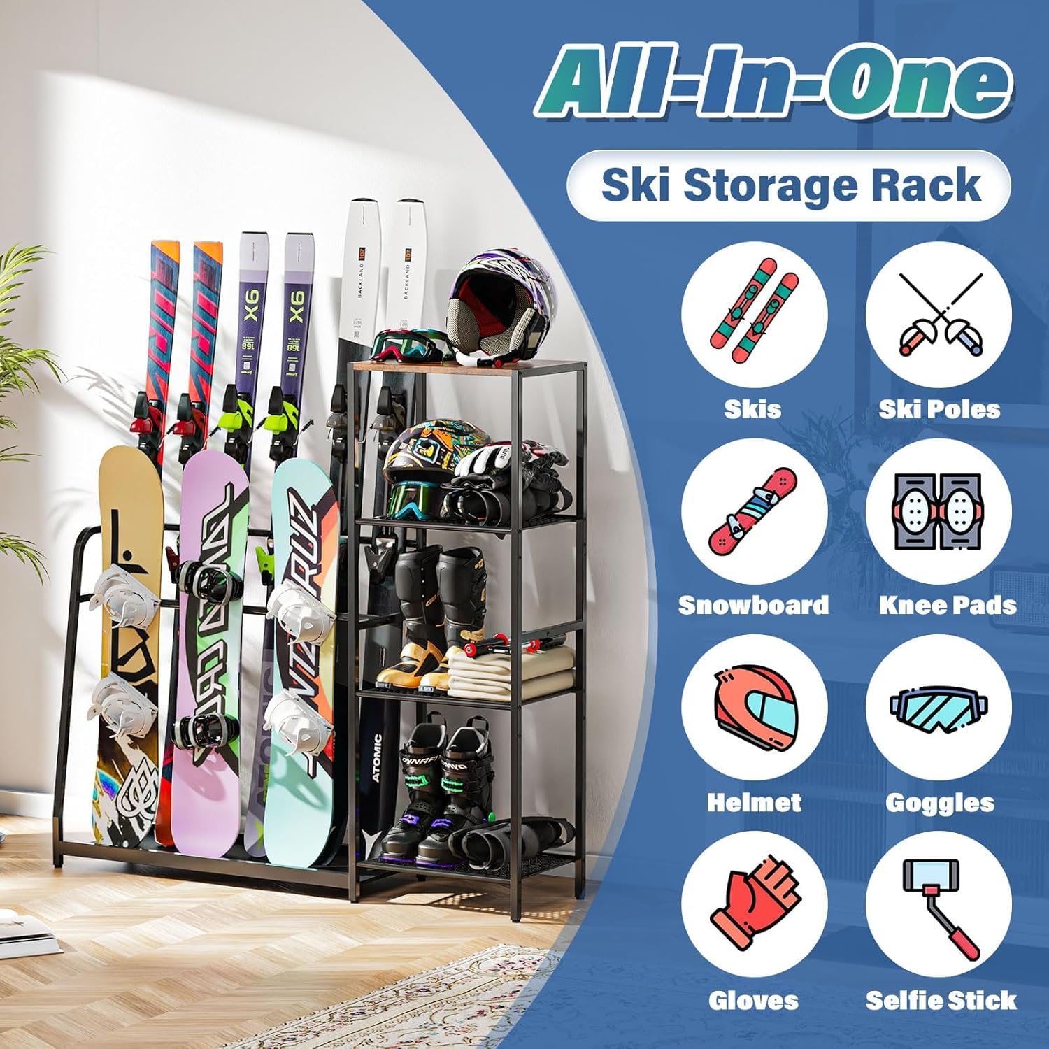 Support de skis en acier, étagère de rangement pour garage, porte-skis autonome