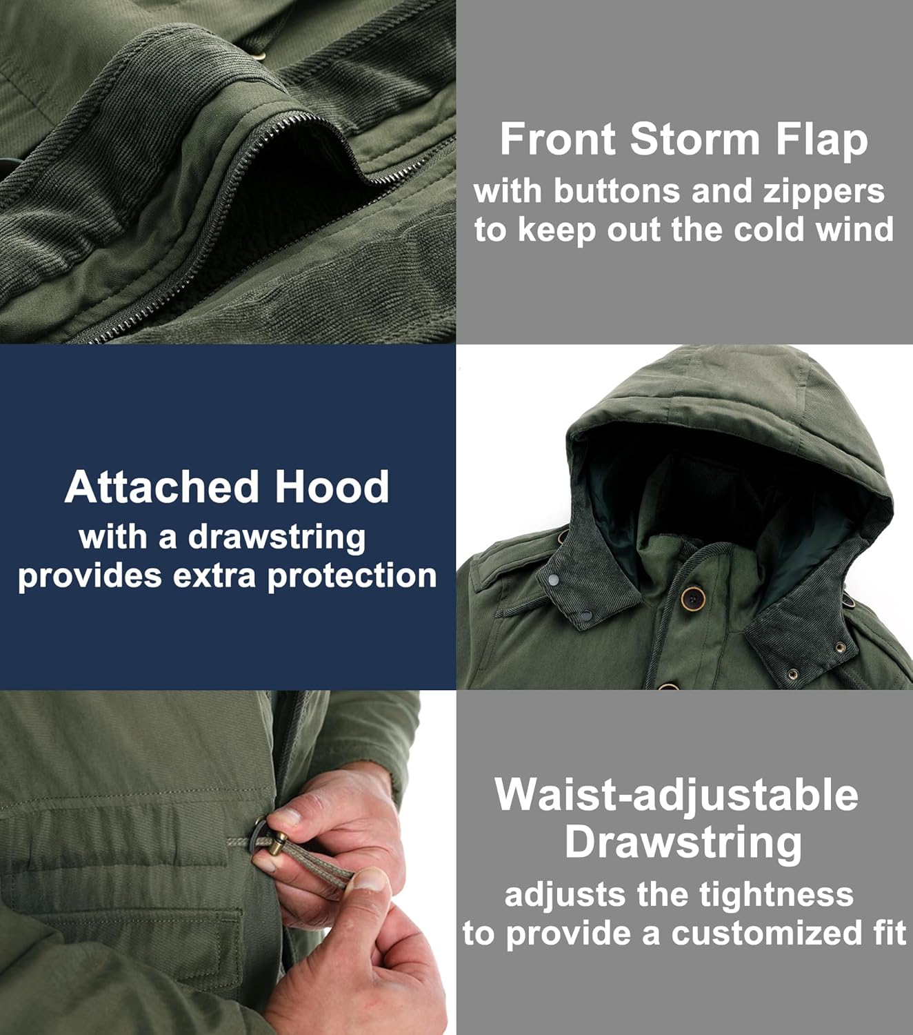 LOUECHY Men's Windproof Hooded Jacket Sherpa Lined Winter Coat Thickened Warm Parka - Image 6