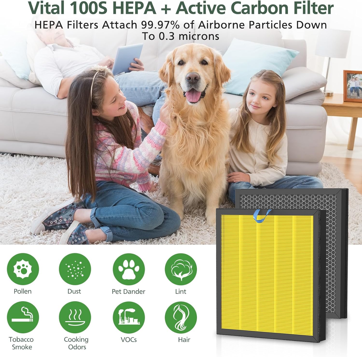 Vital 100S Pet Care Replacement Filter for LEVOIT Vital 100S-P Air Purifier, HEPA and High-Efficiency Activated Carbon Filter for Smoke, Odor, Pollen, Vital 100S-RF-PA, LRF-V102-YUS, Yellow