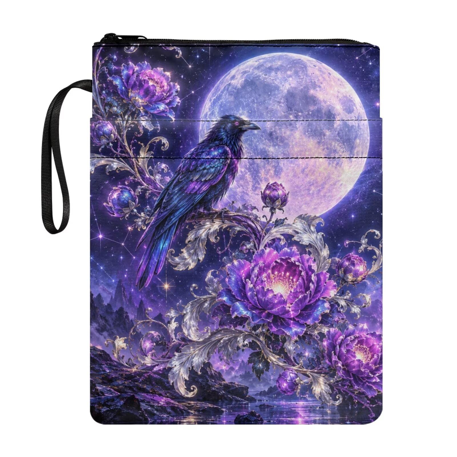 Poceacles Book Sleeve Pouch with Extra Pockets and Zipper, Protective Paperback Hardcover Book Covers, Reading Accessories, Raven Flower Moon Violet โ image 1