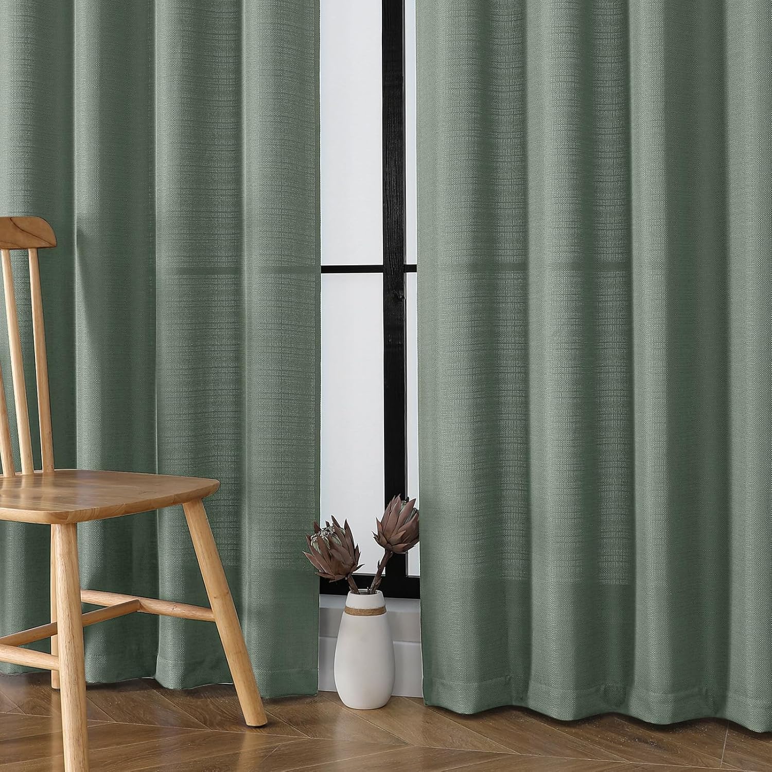 Chyhomenyc Sage Green Curtains 90 Inch Length 2 Panels Set, Faux Linen Textured Semi Light Filtering Soft Airy Farmhouse Window Curtain Drapes for Living Room Bedroom, 50Wx90L
