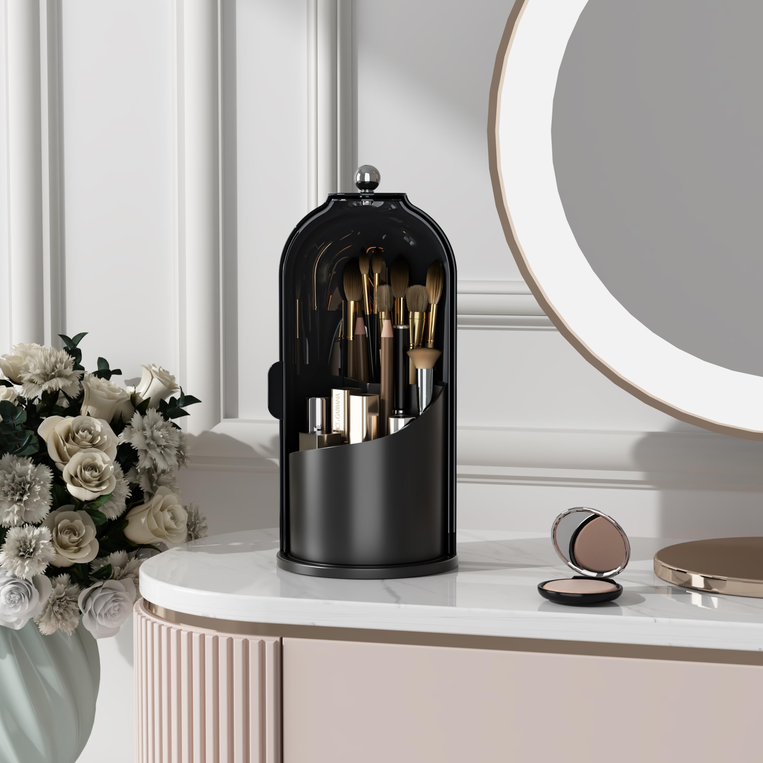 GrowsunRotating Makeup Brush Holder Organizer with Lid 360°Spinning Waterproof Makeup Organizer Countertop Cute Cosmetics Organizer for Vanity Bathroom, Dark Black