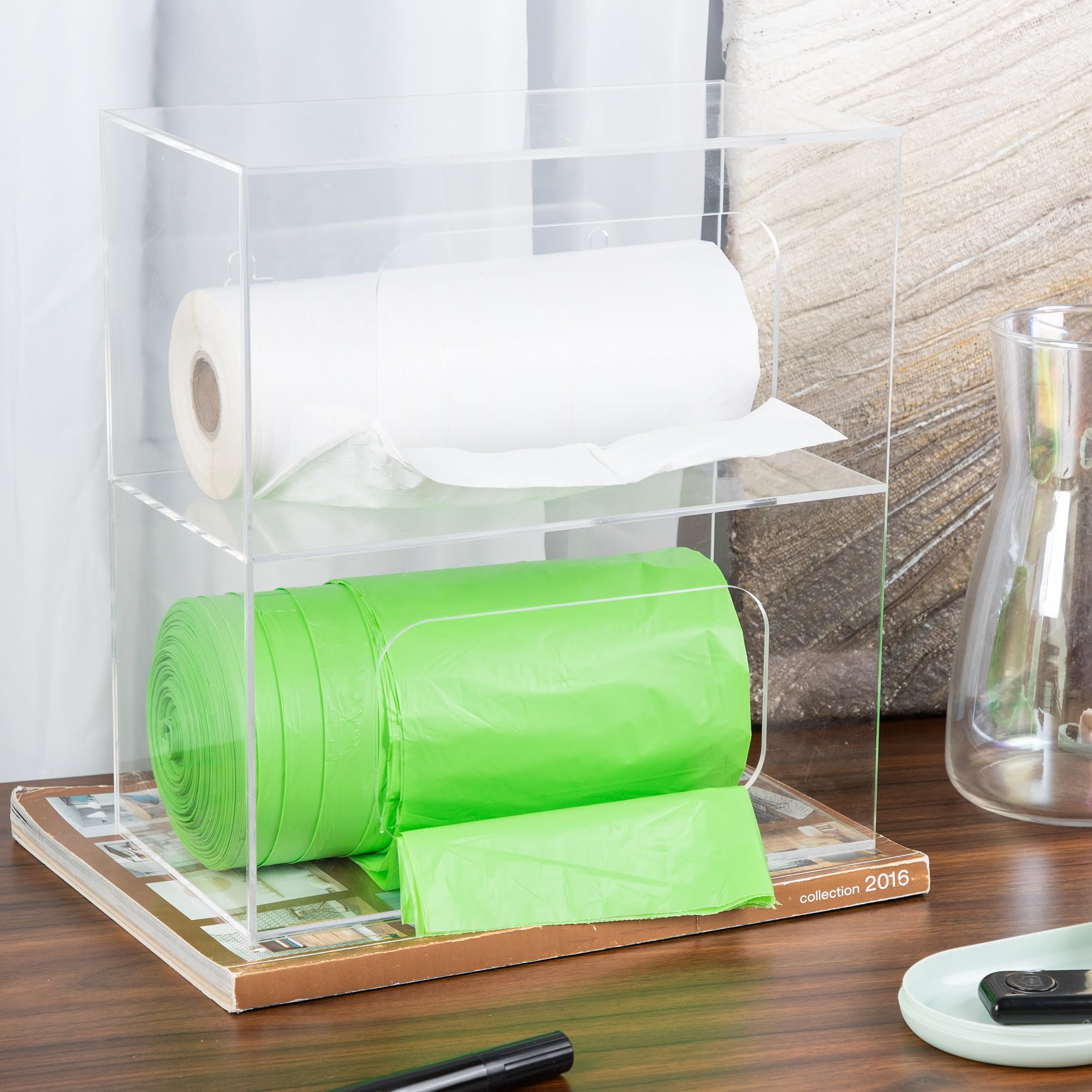 Dispensador de bolsas de basura, organizador de bolsas de basura acrílicas 2 en 1, soporte de bolsa de comestibles montado en la pared para almacenamiento de cocina, bolsas de basura de plástico, caja