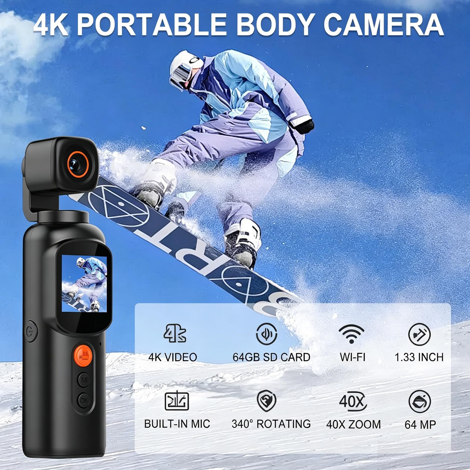 4K Körperkamera Tragbare Body Camera mit 340°-Rotation, 1,3 Zoll Farbdisplay Vlog Kamera, Bodycam Körperkamera Mini mit Wi-Fi, IP65 wasserdicht für Radfahren Sicherheit Vlogging Outdoor-Sport