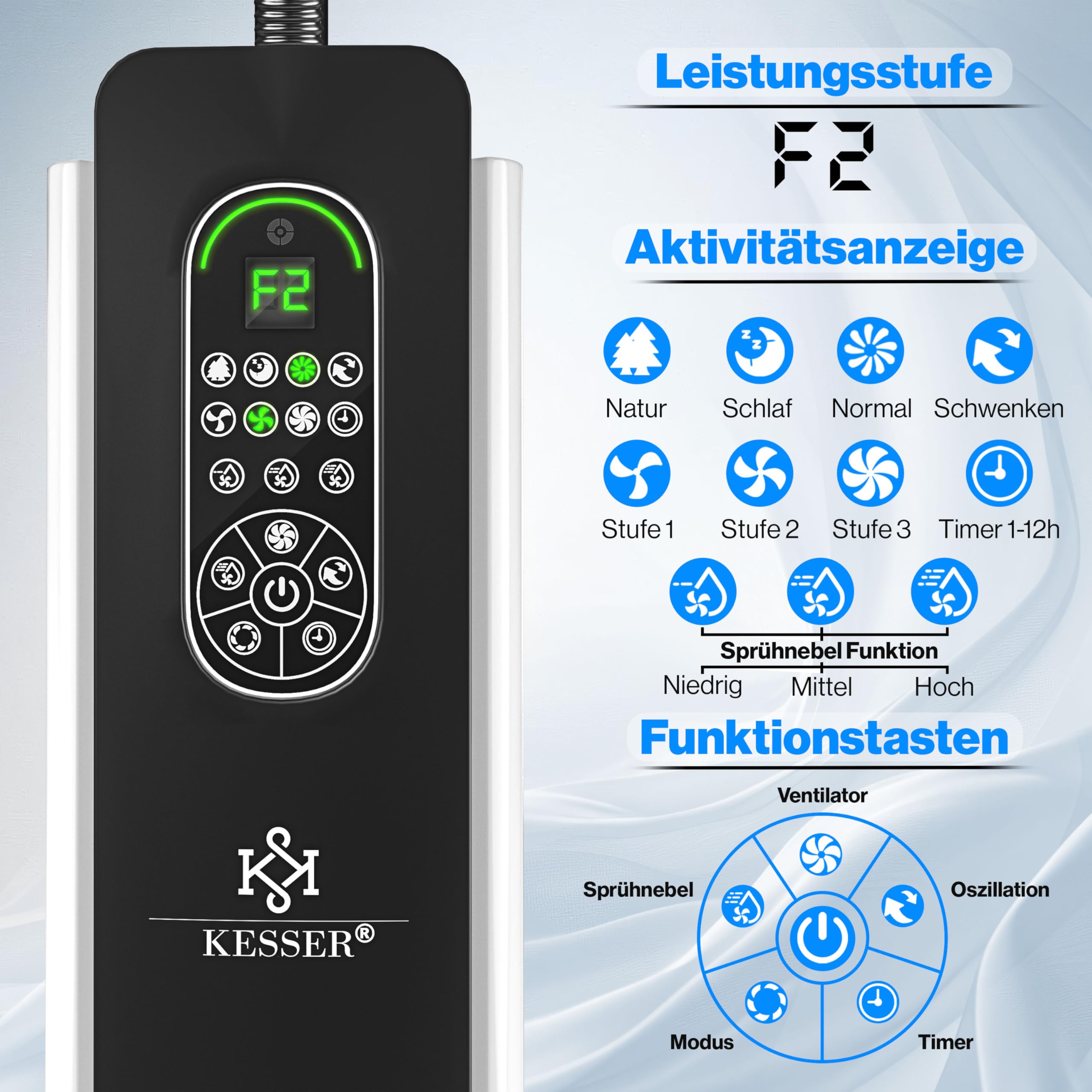 KESSER® Stand-Ventilator Frosty mit Wasser Ultraschall-Sprühnebel Wasserkühlung, inkl. Fernbedienung Timer-Funktion, Luftbefeuchter Leise, Nebelfunktion, Standventilator, Weiß/Schwarz